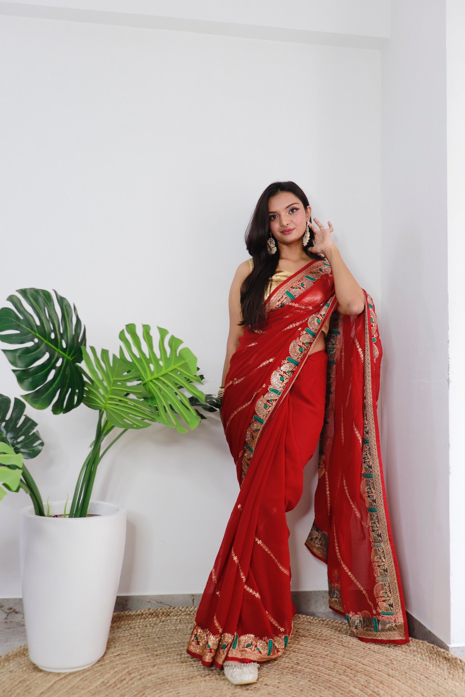 Red Georgette Saree With Satin Benglori Blouse