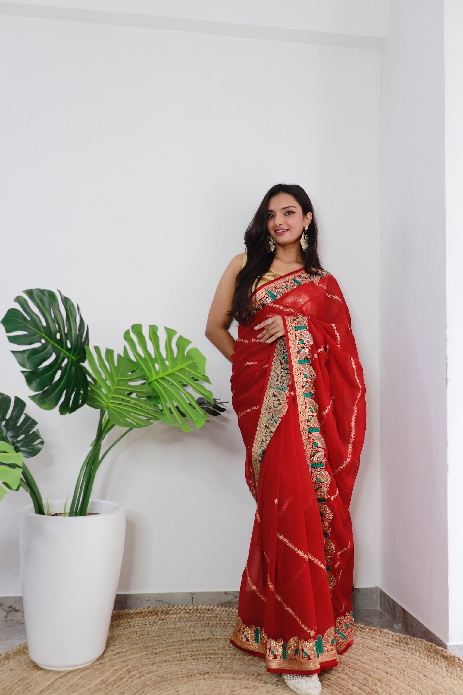 Red Georgette Saree With Satin Benglori Blouse