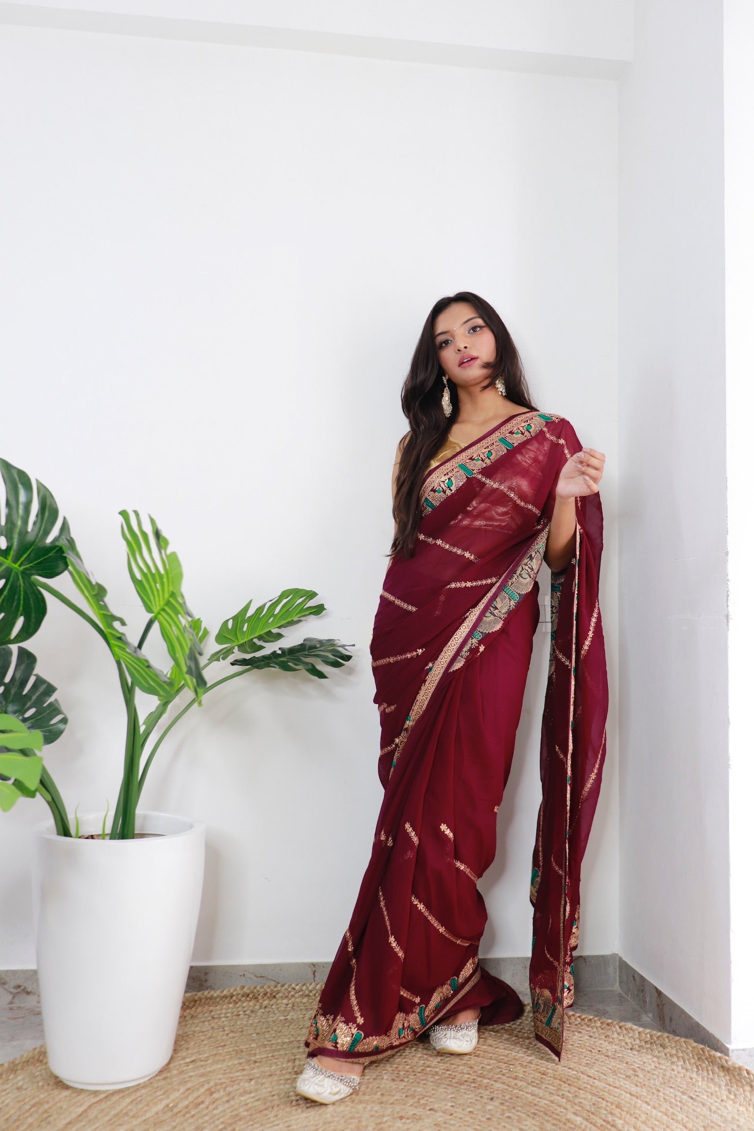 Maroon Georgette Saree With Satin Benglori Blouse