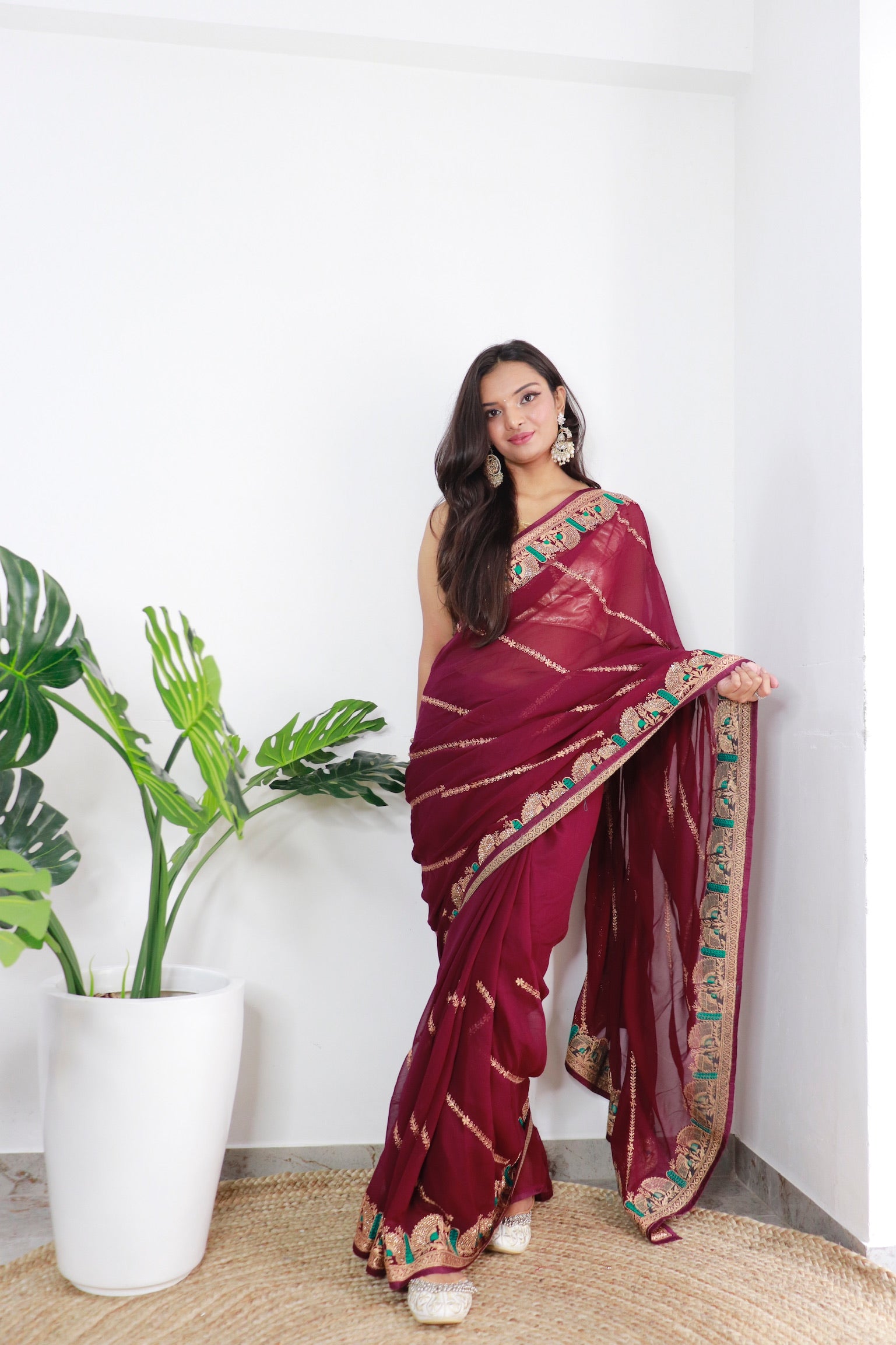 Maroon Georgette Saree With Satin Benglori Blouse