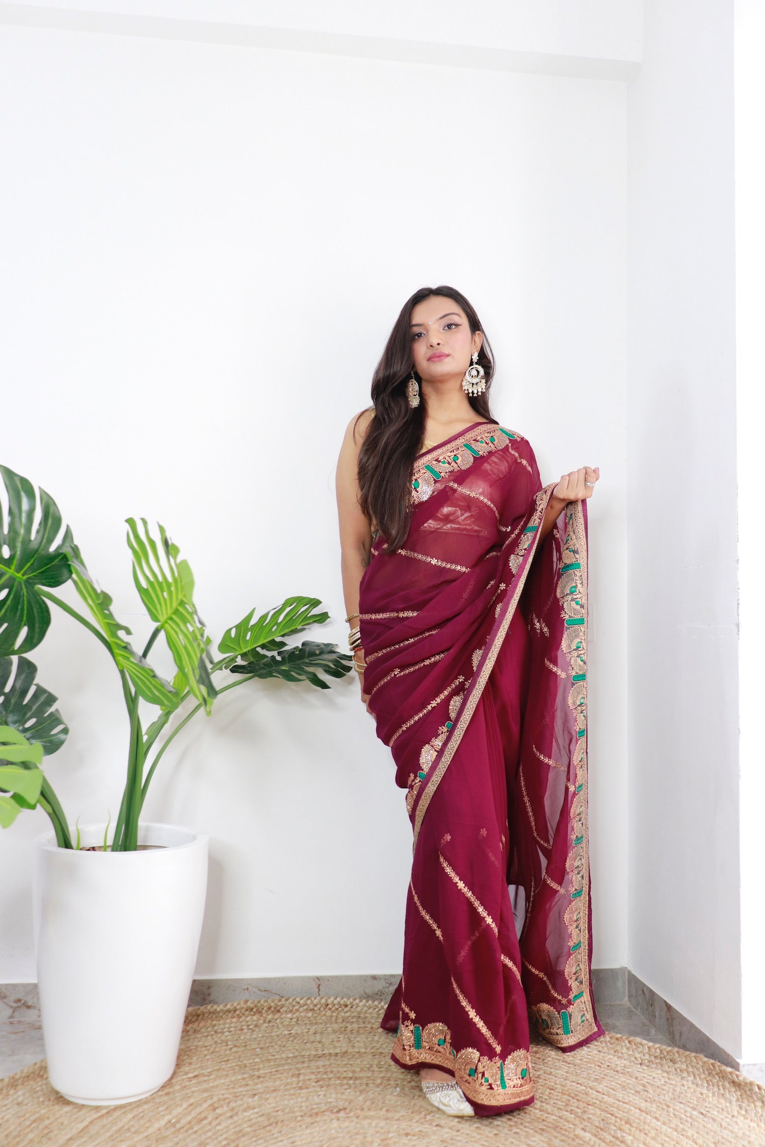 Maroon Georgette Saree With Satin Benglori Blouse