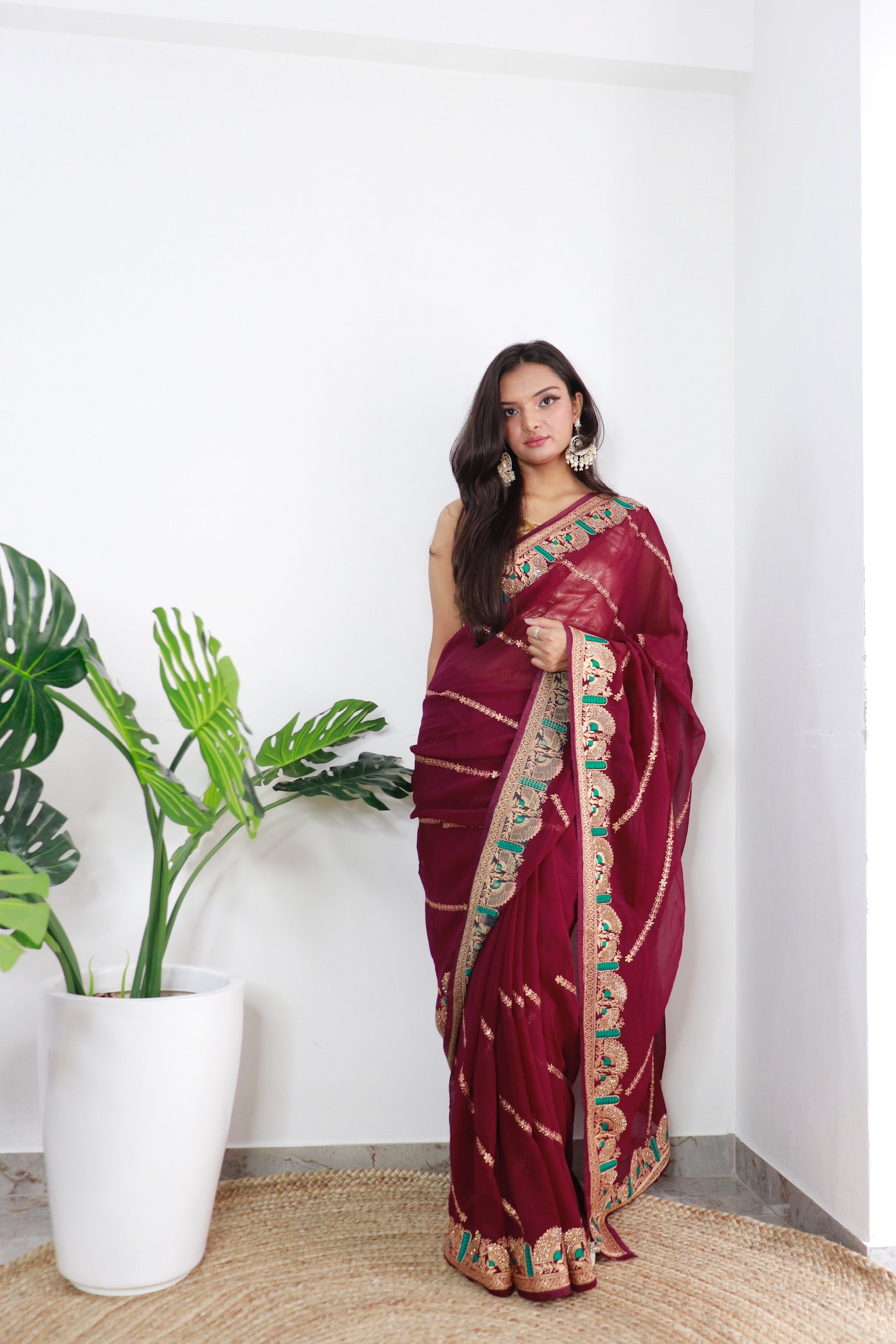 Maroon Georgette Saree With Satin Benglori Blouse