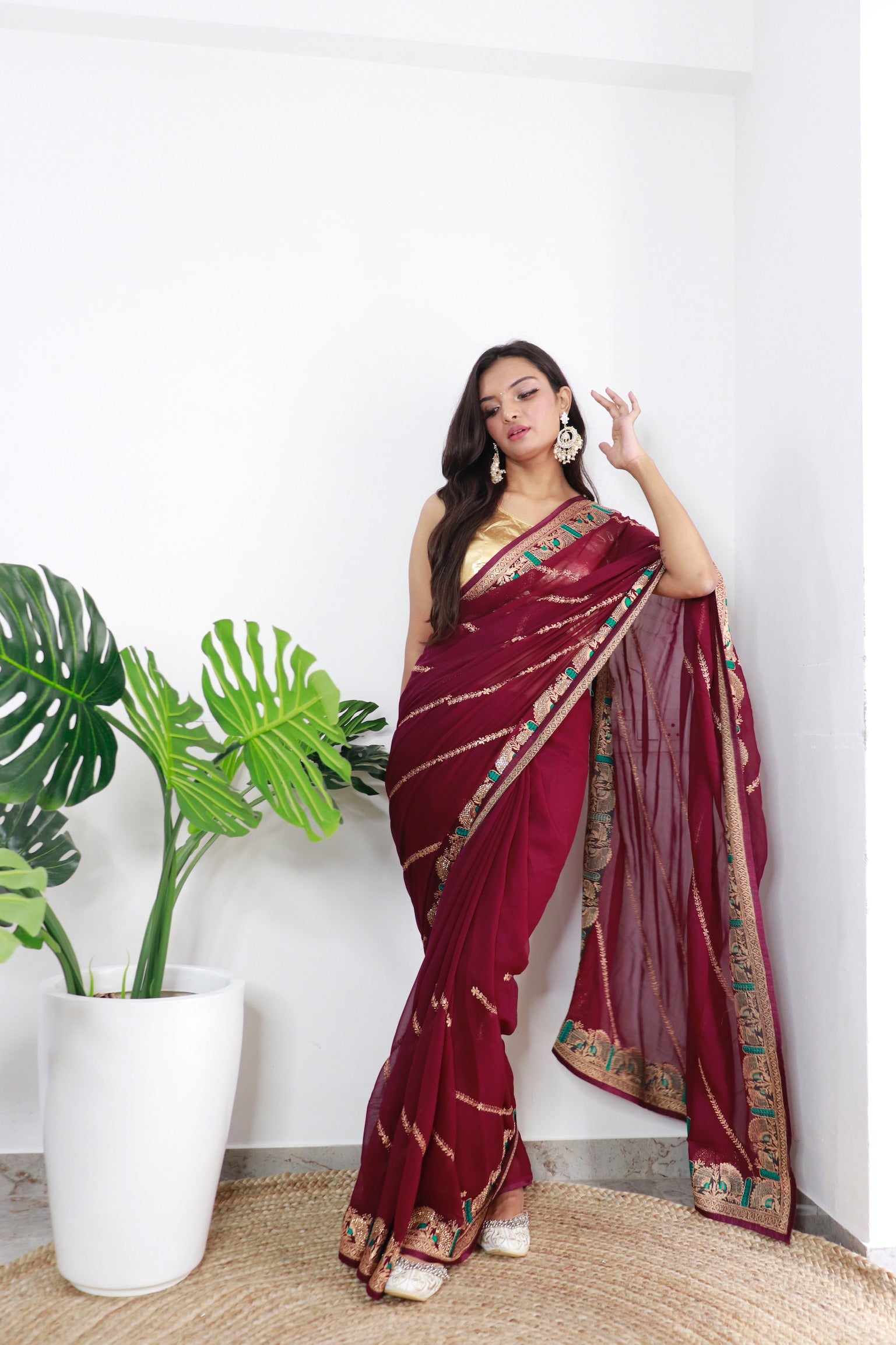 Maroon Georgette Saree With Satin Benglori Blouse