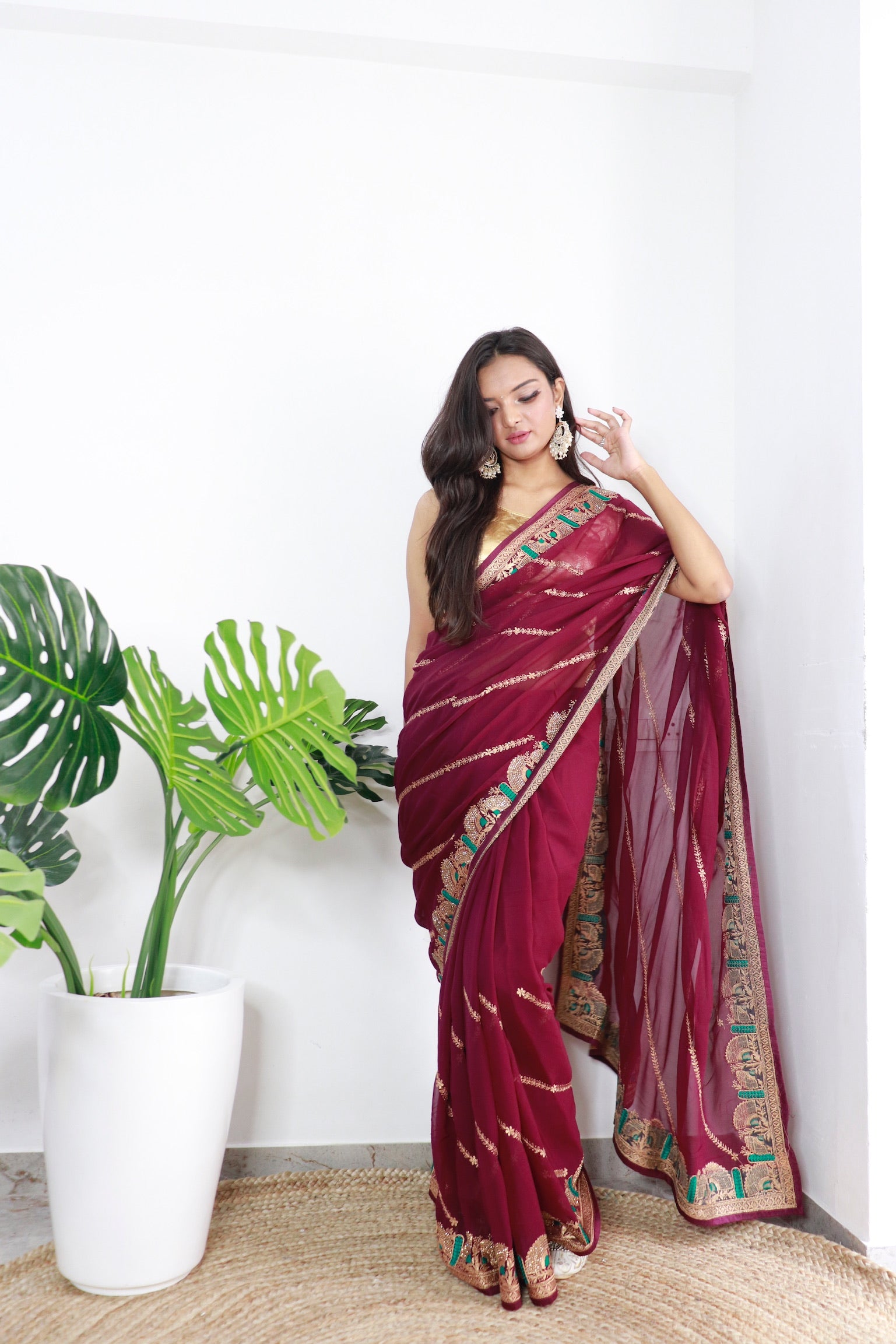 Maroon Georgette Saree With Satin Benglori Blouse