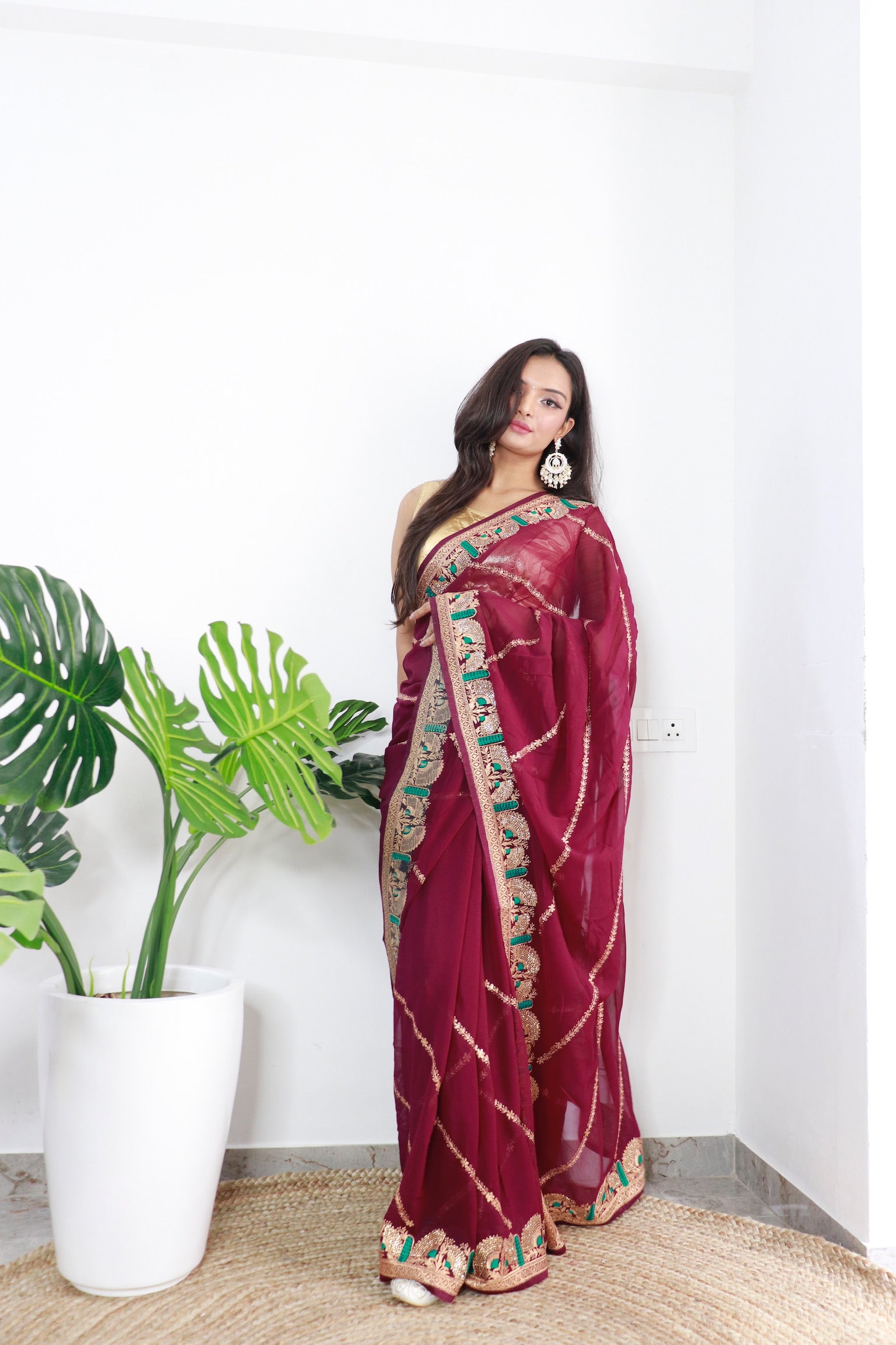 Maroon Georgette Saree With Satin Benglori Blouse