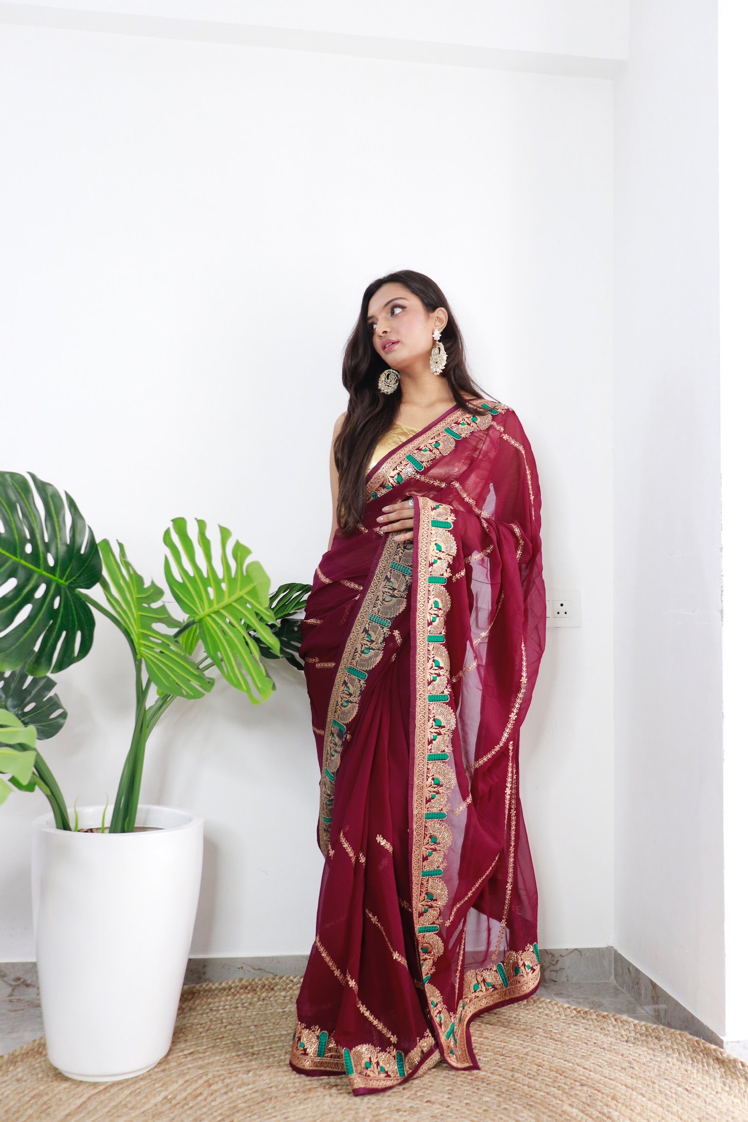 Maroon Georgette Saree With Satin Benglori Blouse