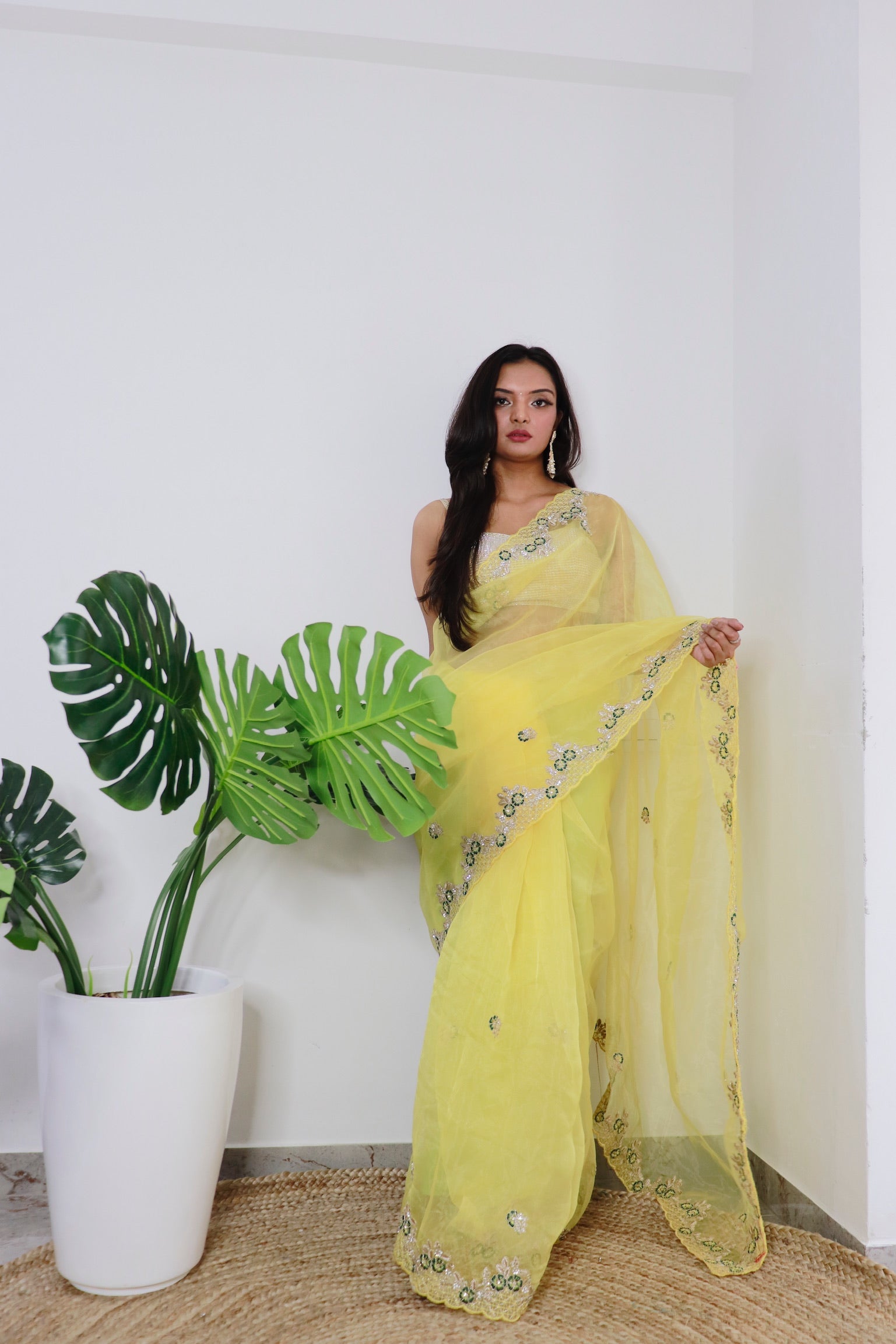 Yellow Organza Saree With Satin Benglori Blouse