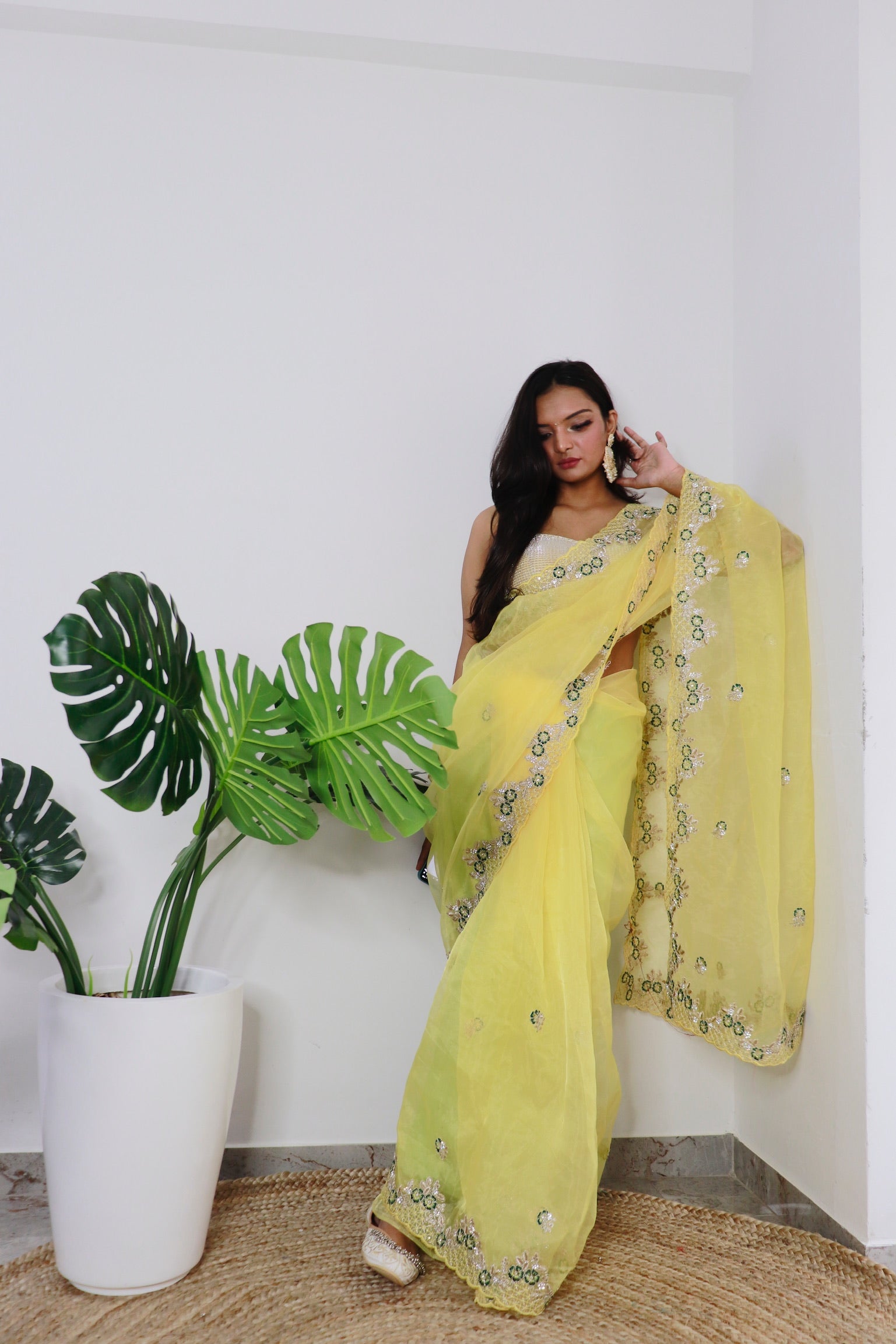 Yellow Organza Saree With Satin Benglori Blouse