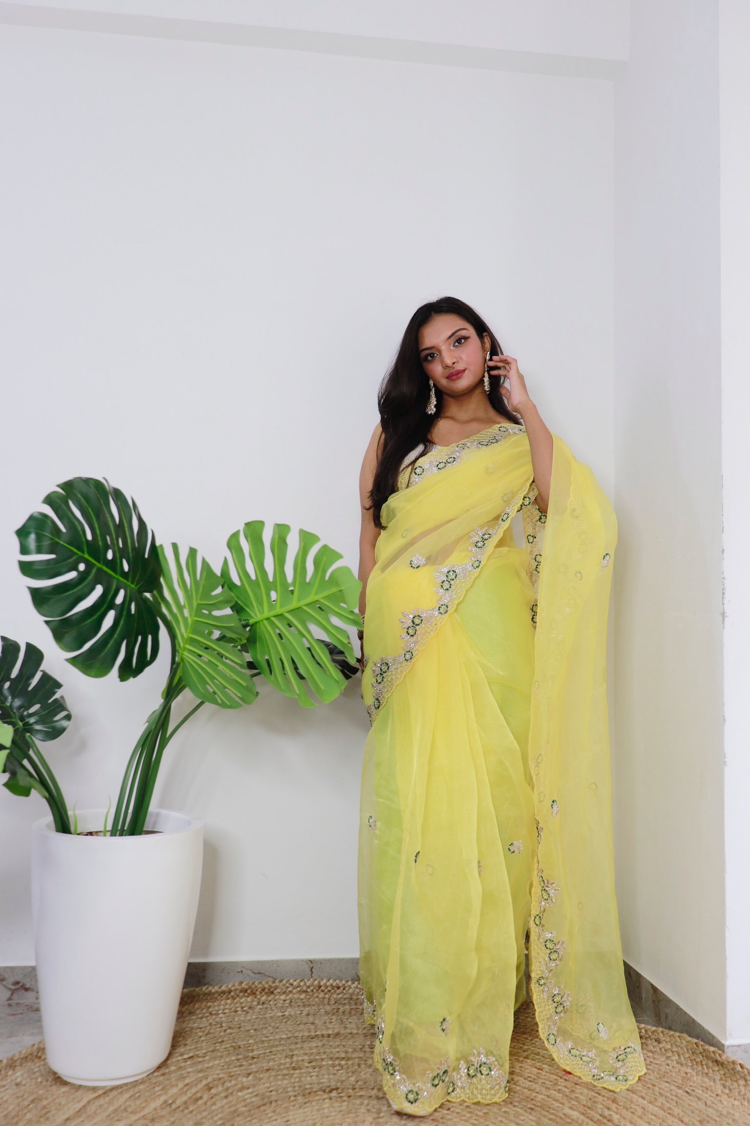 Yellow Organza Saree With Satin Benglori Blouse