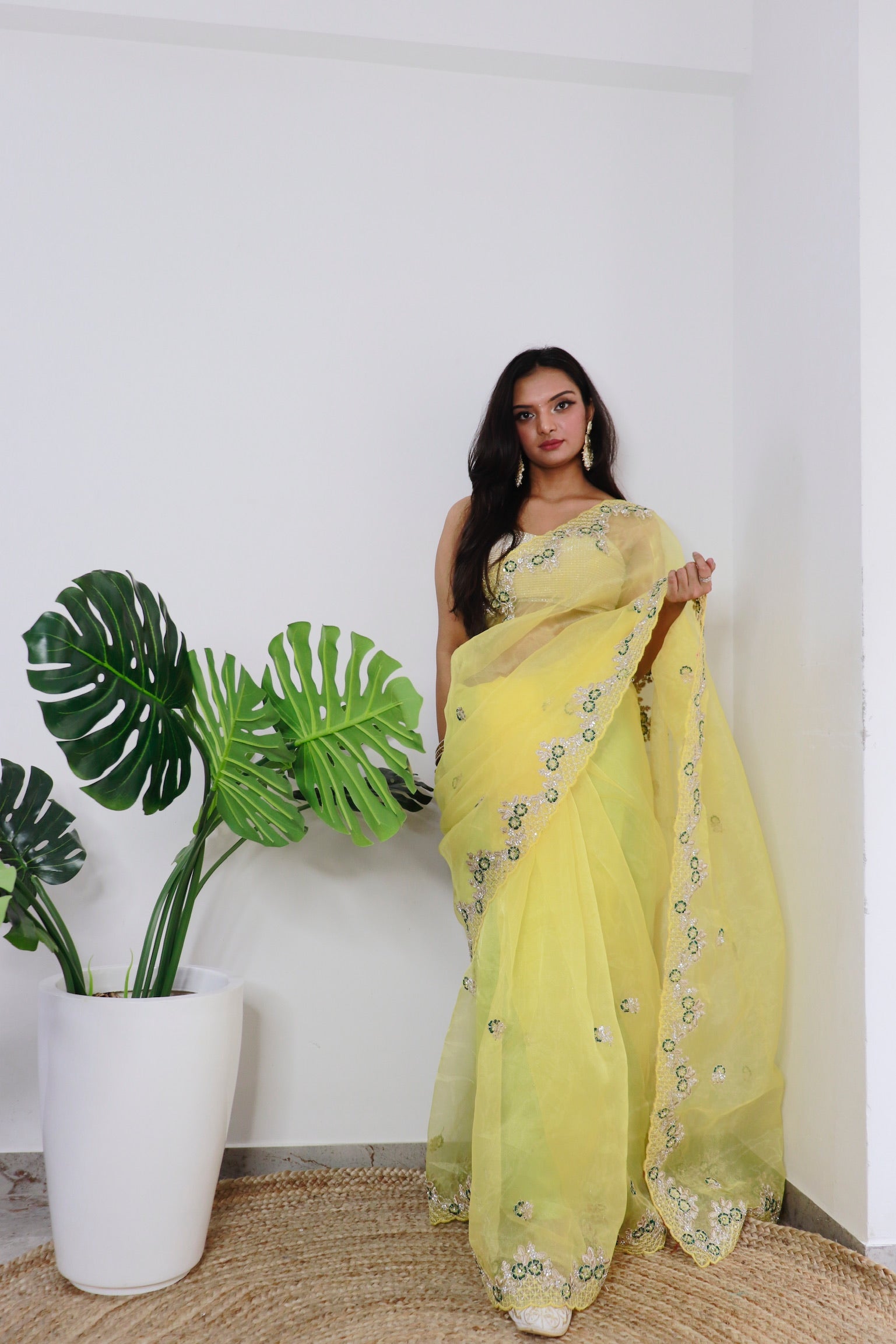 Yellow Organza Saree With Satin Benglori Blouse