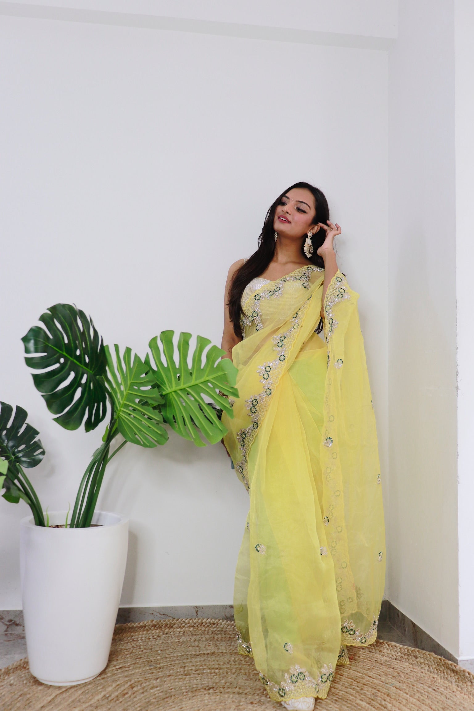 Yellow Organza Saree With Satin Benglori Blouse