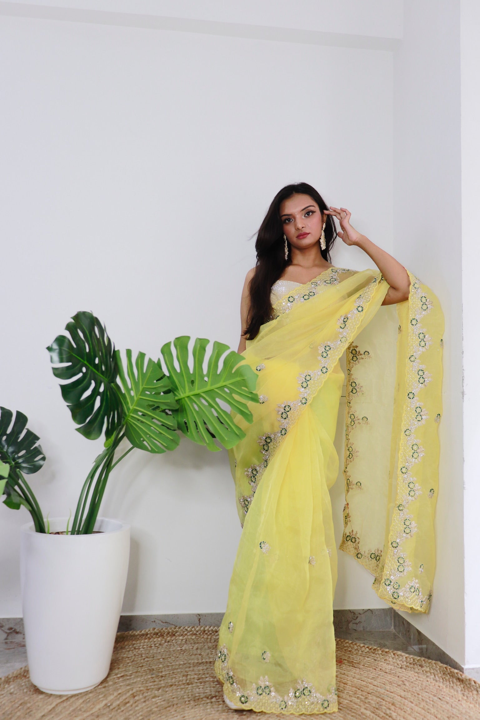 Yellow Organza Saree With Satin Benglori Blouse