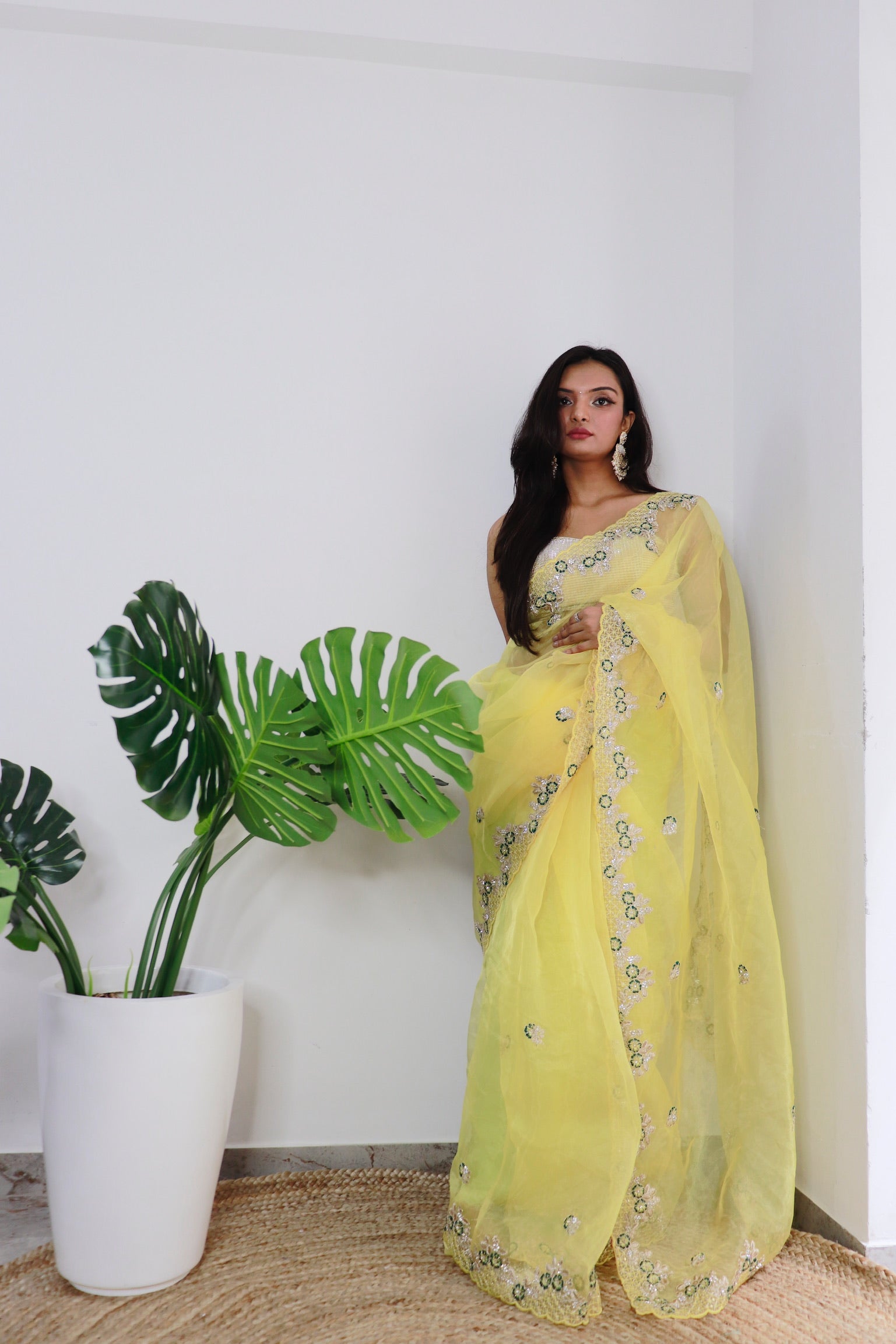 Yellow Organza Saree With Satin Benglori Blouse