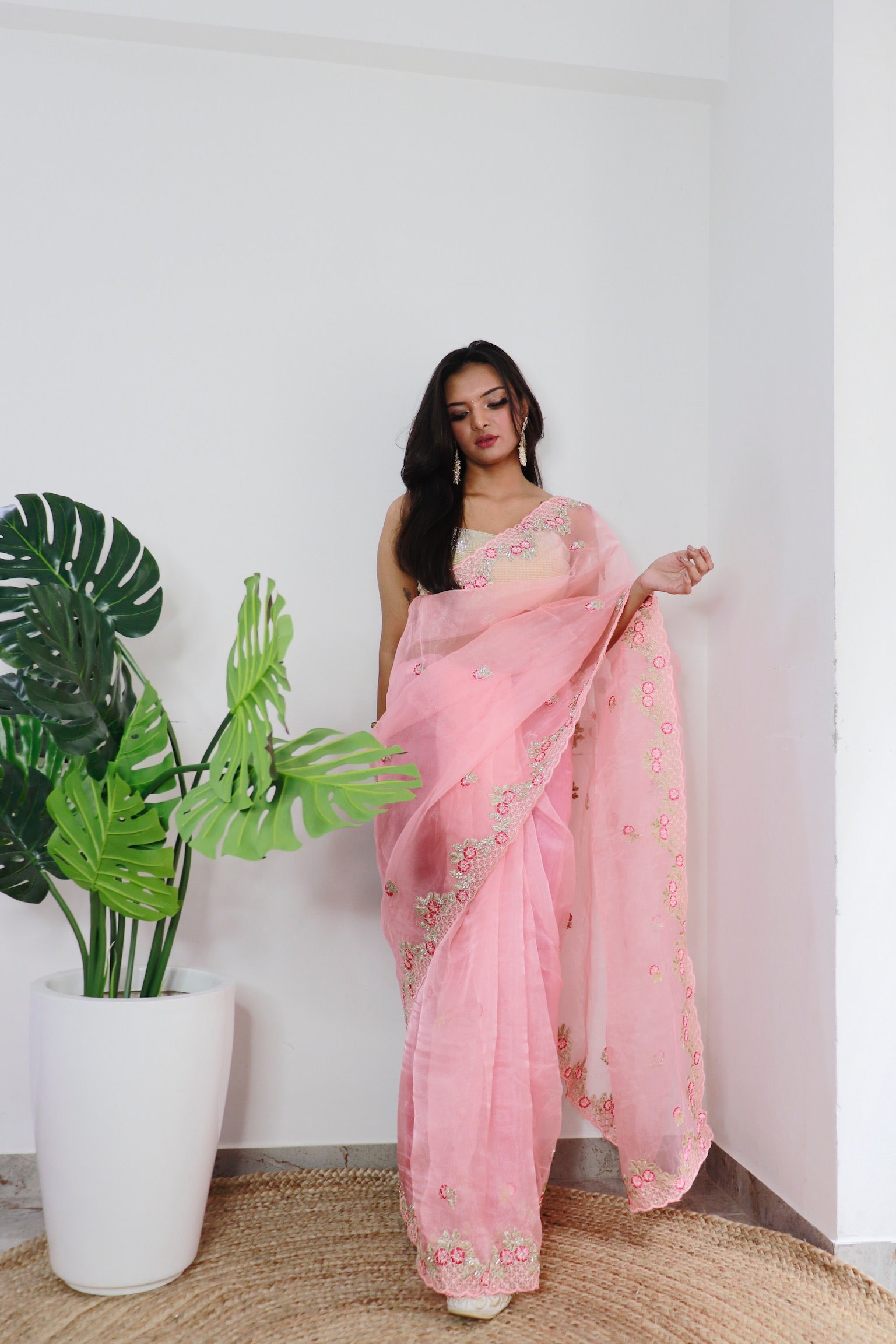 Peach Organza Saree With Satin Benglori Blouse