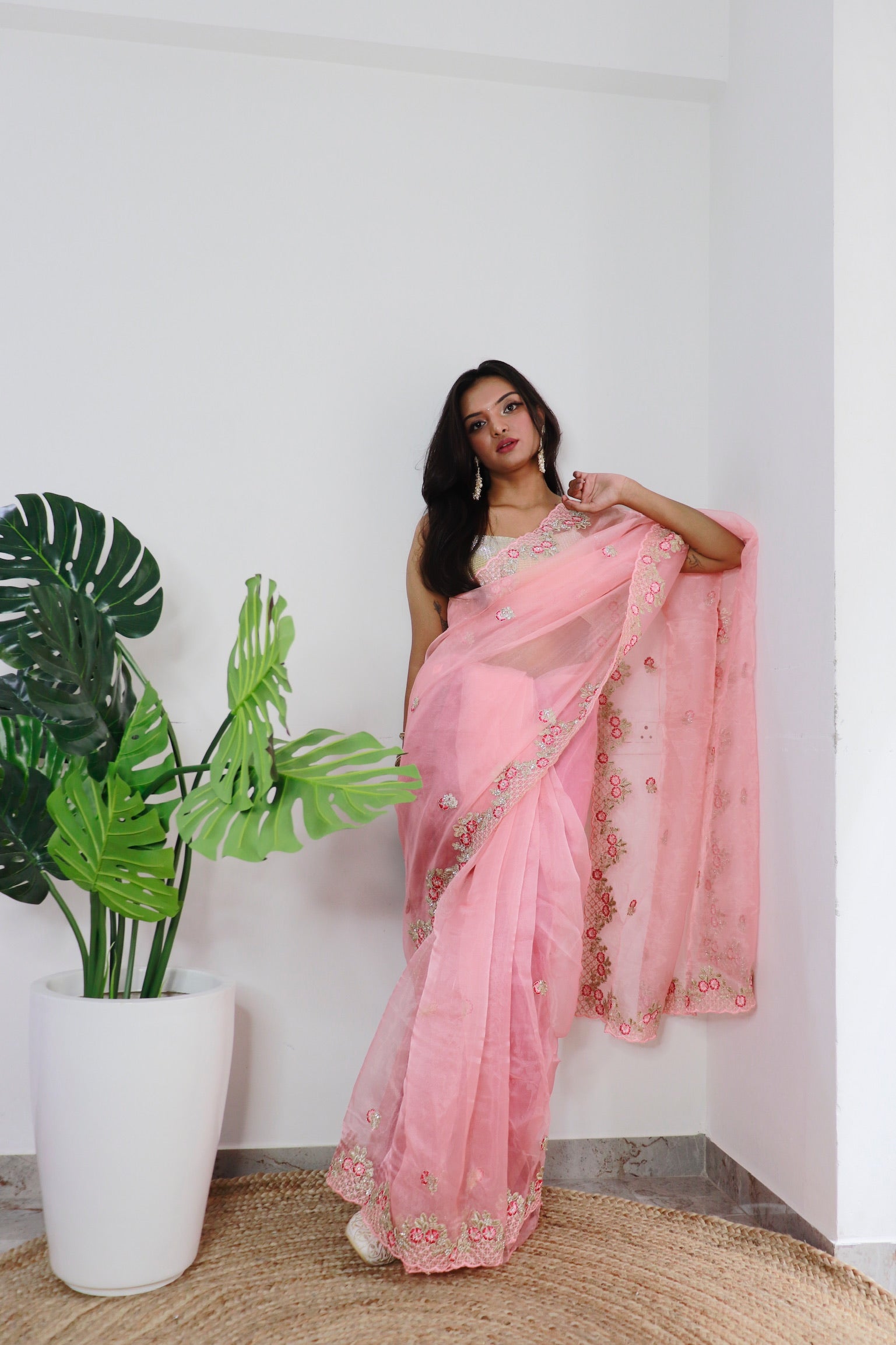 Peach Organza Saree With Satin Benglori Blouse