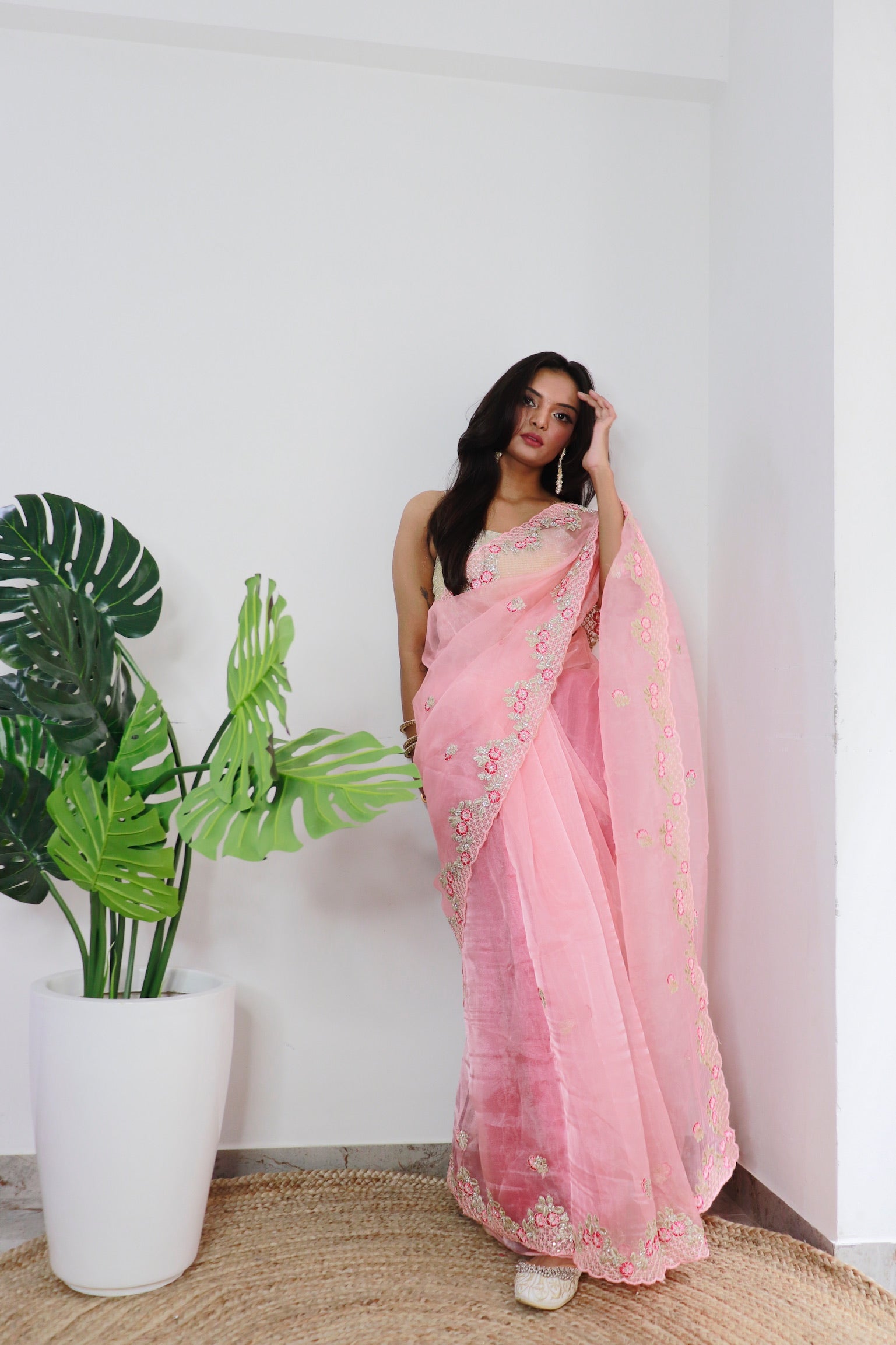 Peach Organza Saree With Satin Benglori Blouse