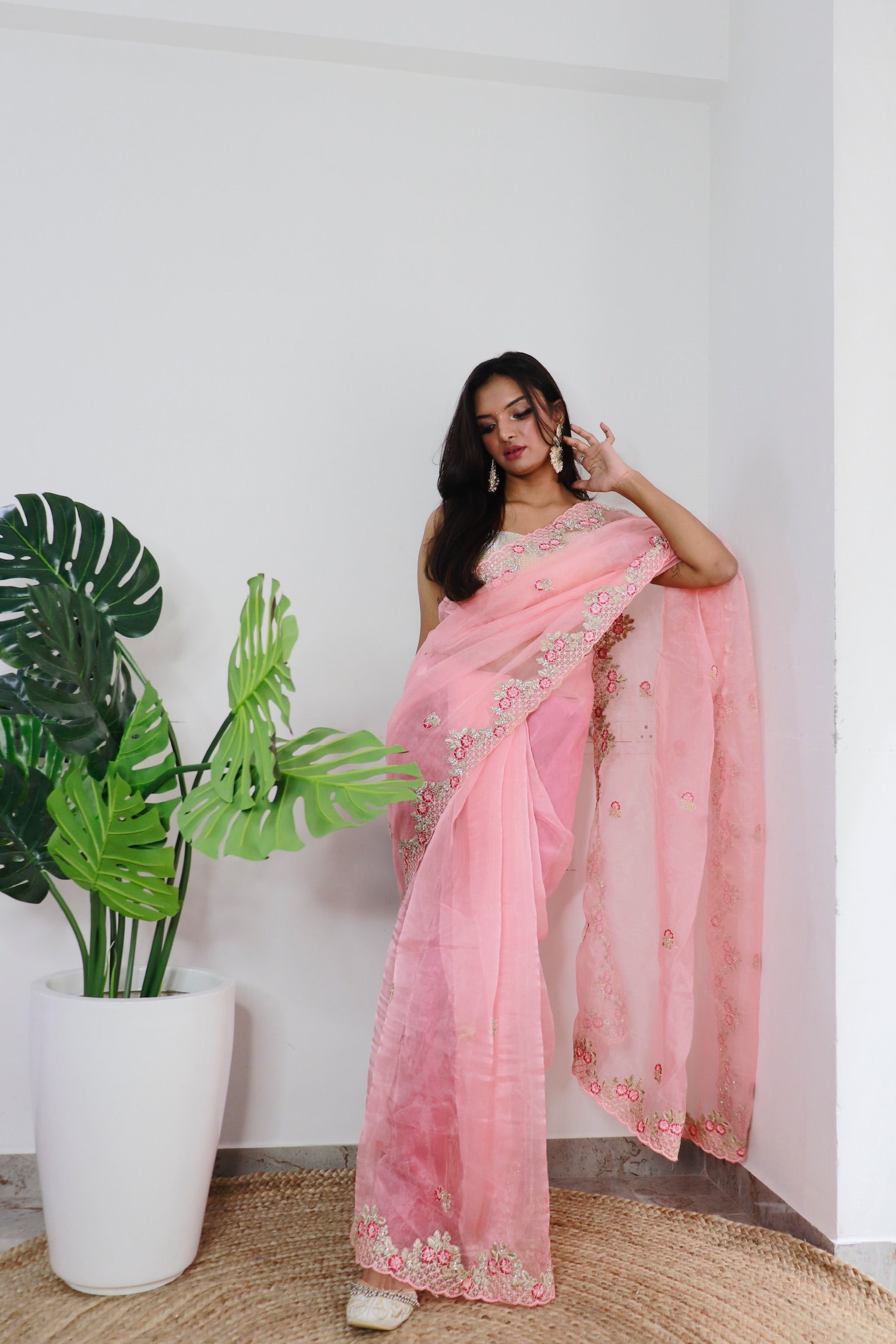 Peach Organza Saree With Satin Benglori Blouse