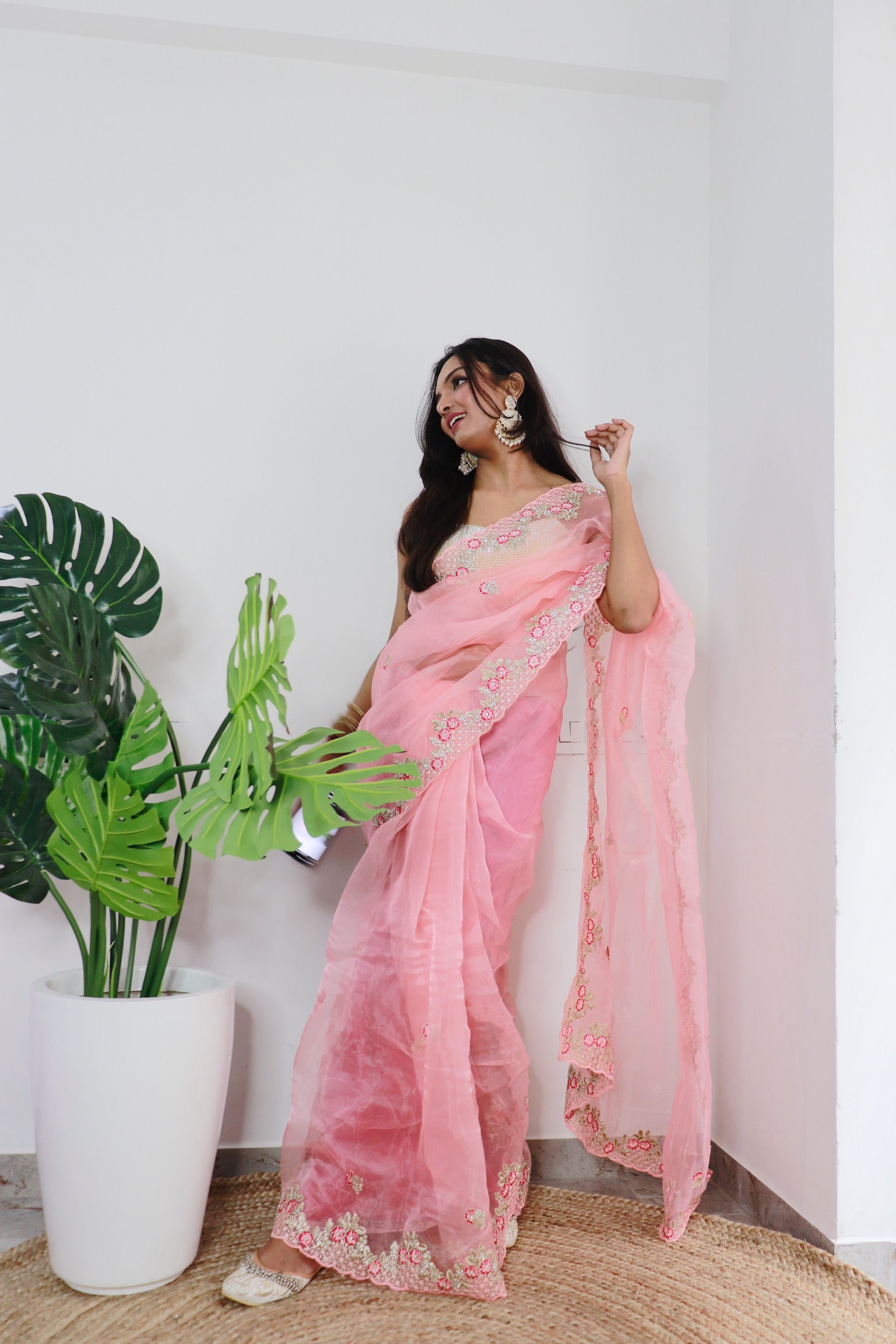 Peach Organza Saree With Satin Benglori Blouse