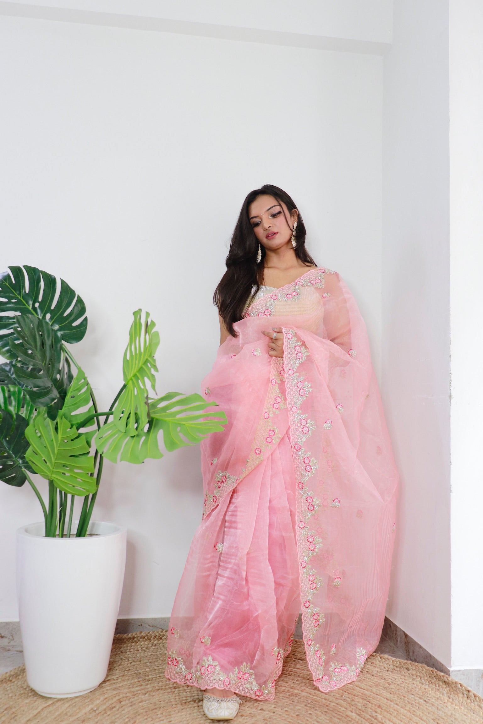 Peach Organza Saree With Satin Benglori Blouse