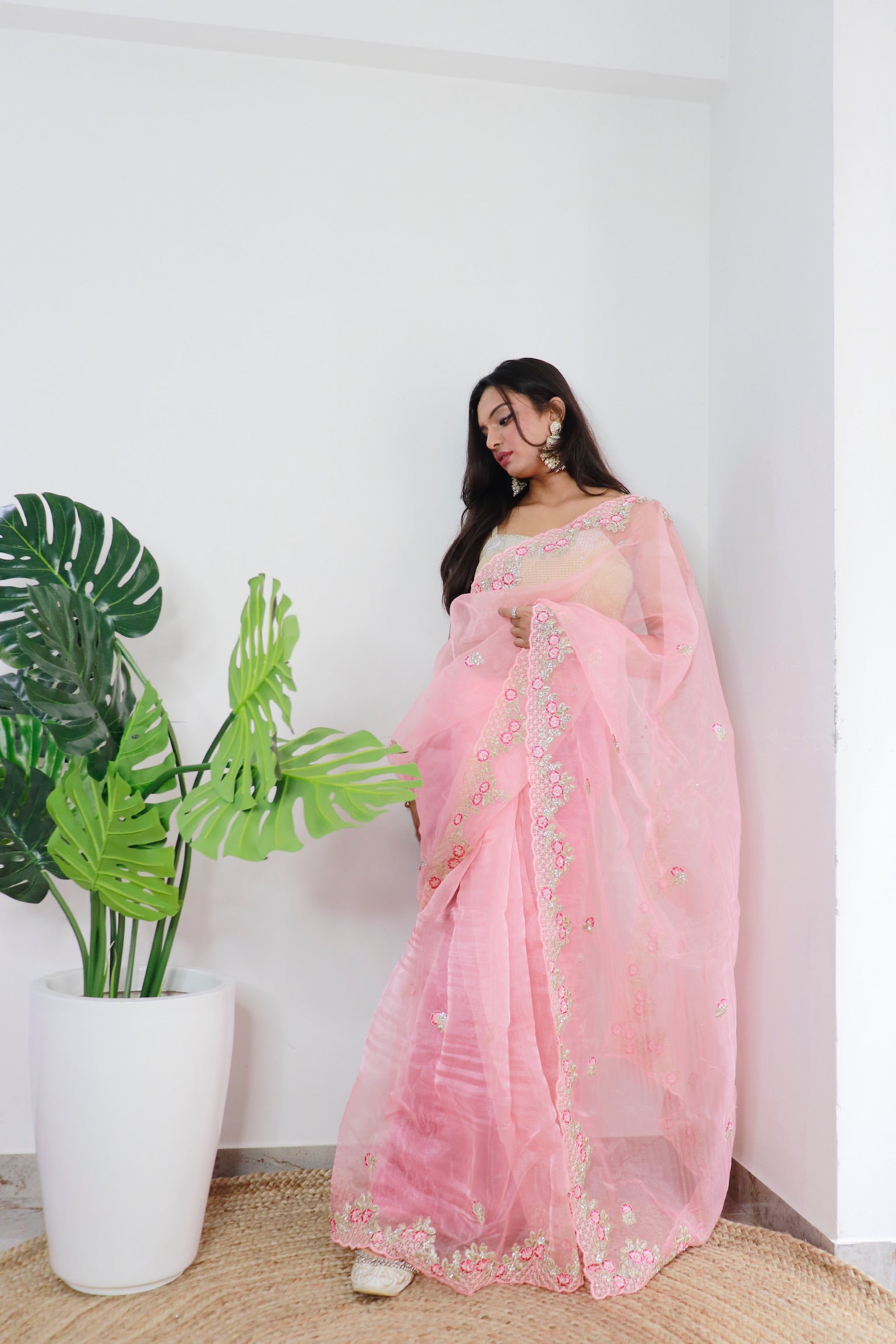 Peach Organza Saree With Satin Benglori Blouse