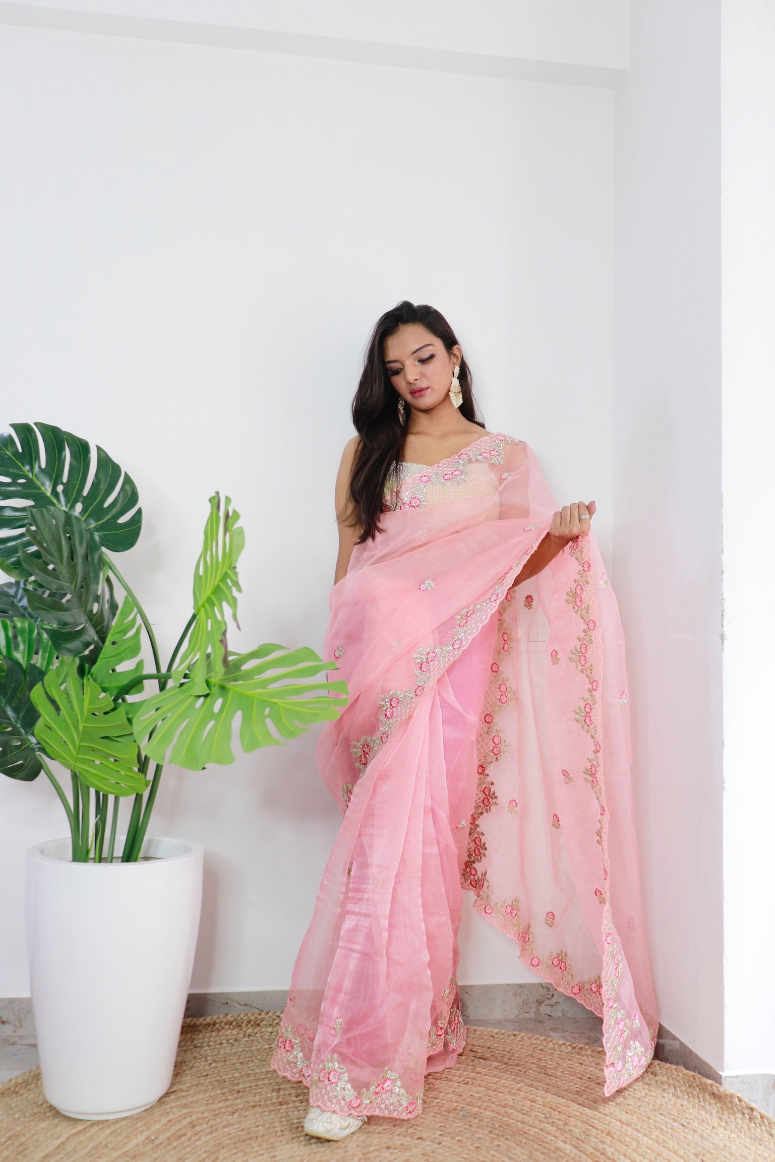 Peach Organza Saree With Satin Benglori Blouse