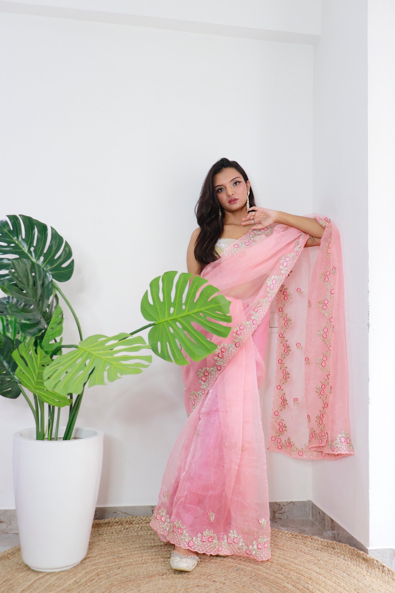 Peach Organza Saree With Satin Benglori Blouse