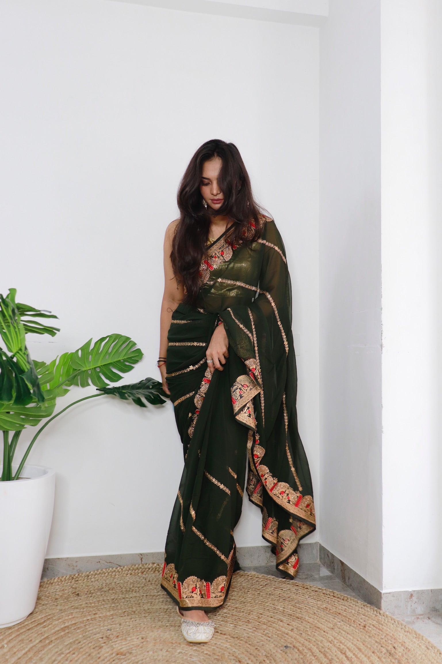 GREEN Georgette Saree With Satin Benglori Blouse