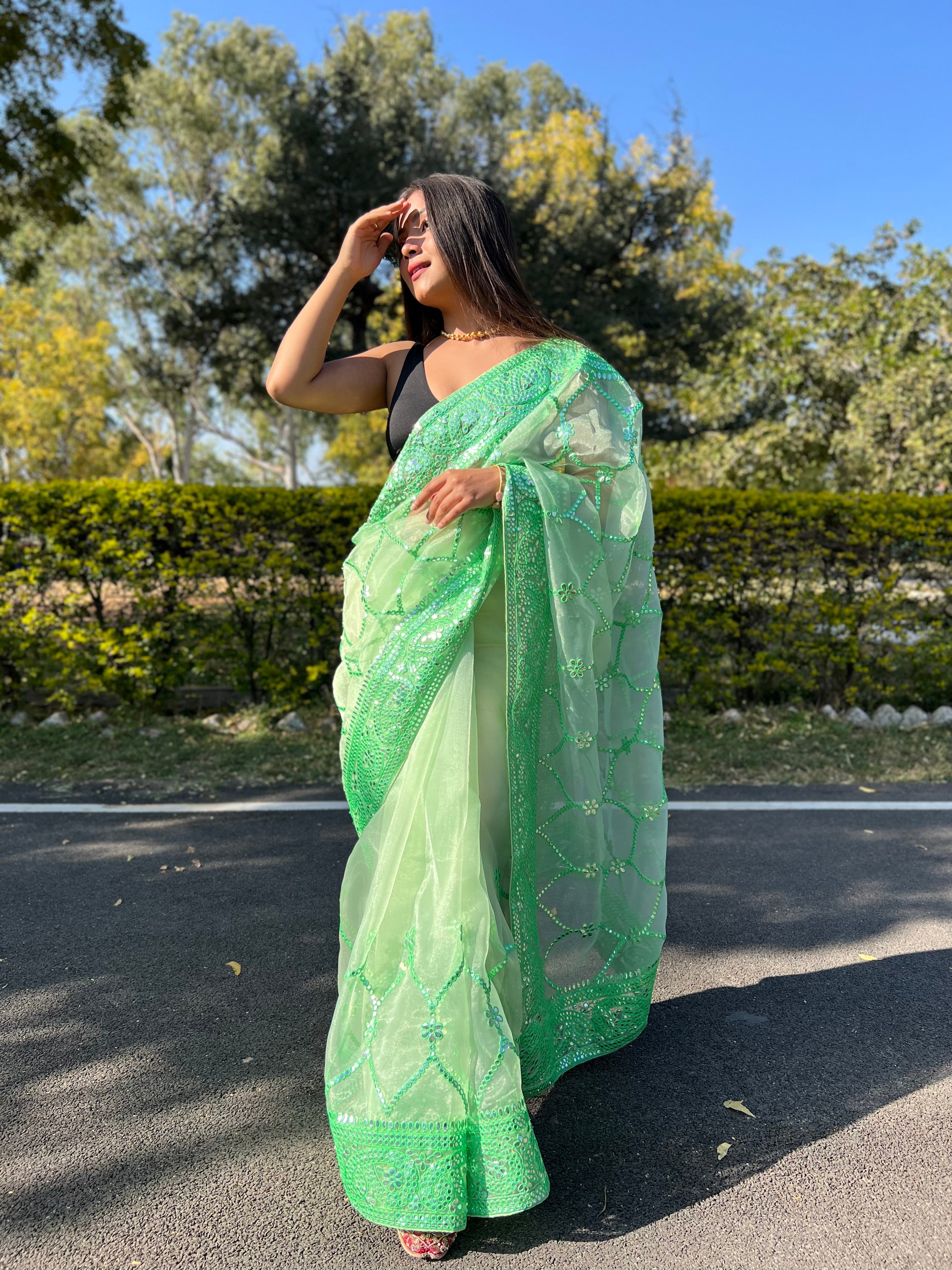 GREEN Organza Saree With Satin Benglori Blouse