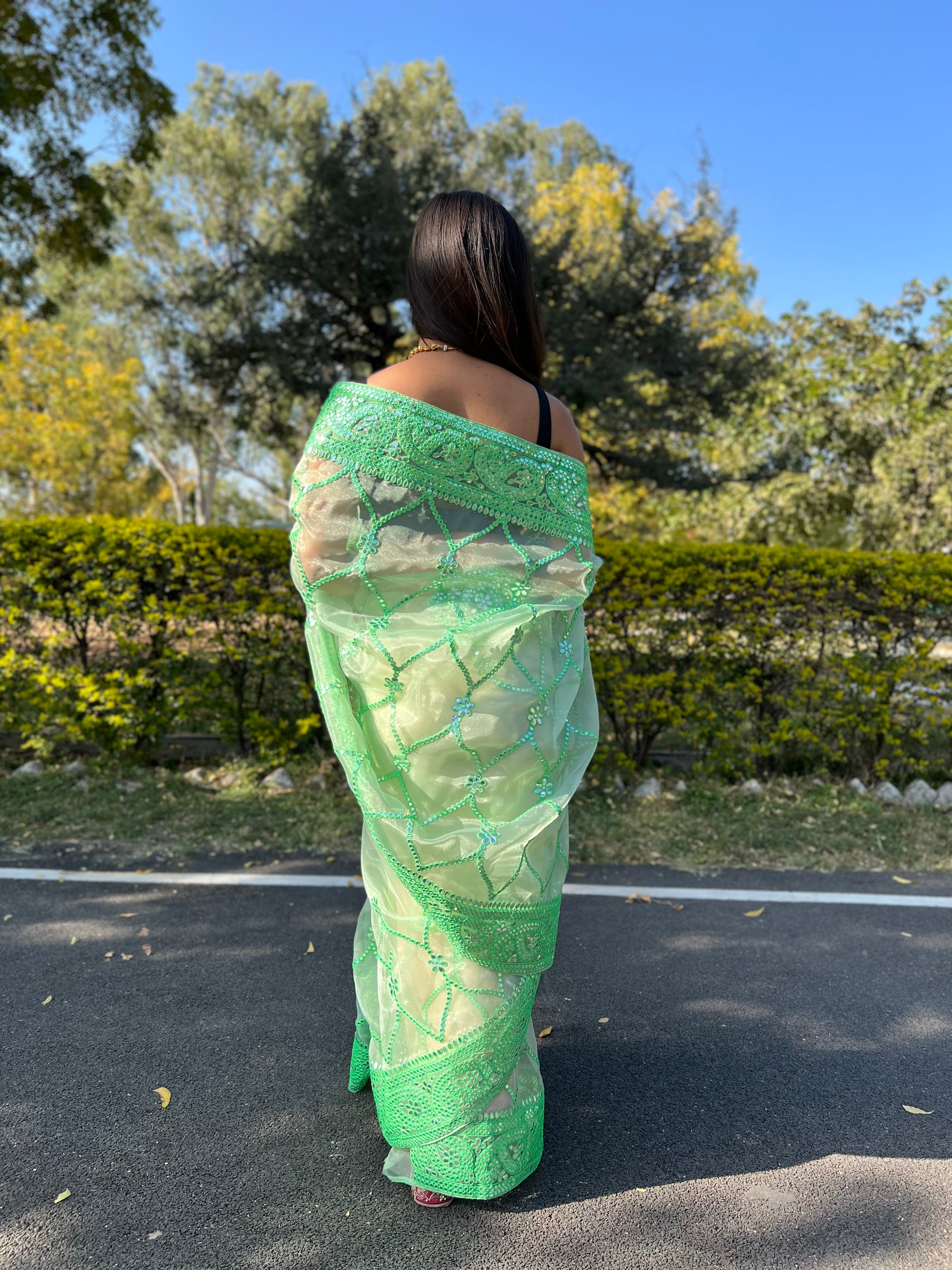 GREEN Organza Saree With Satin Benglori Blouse