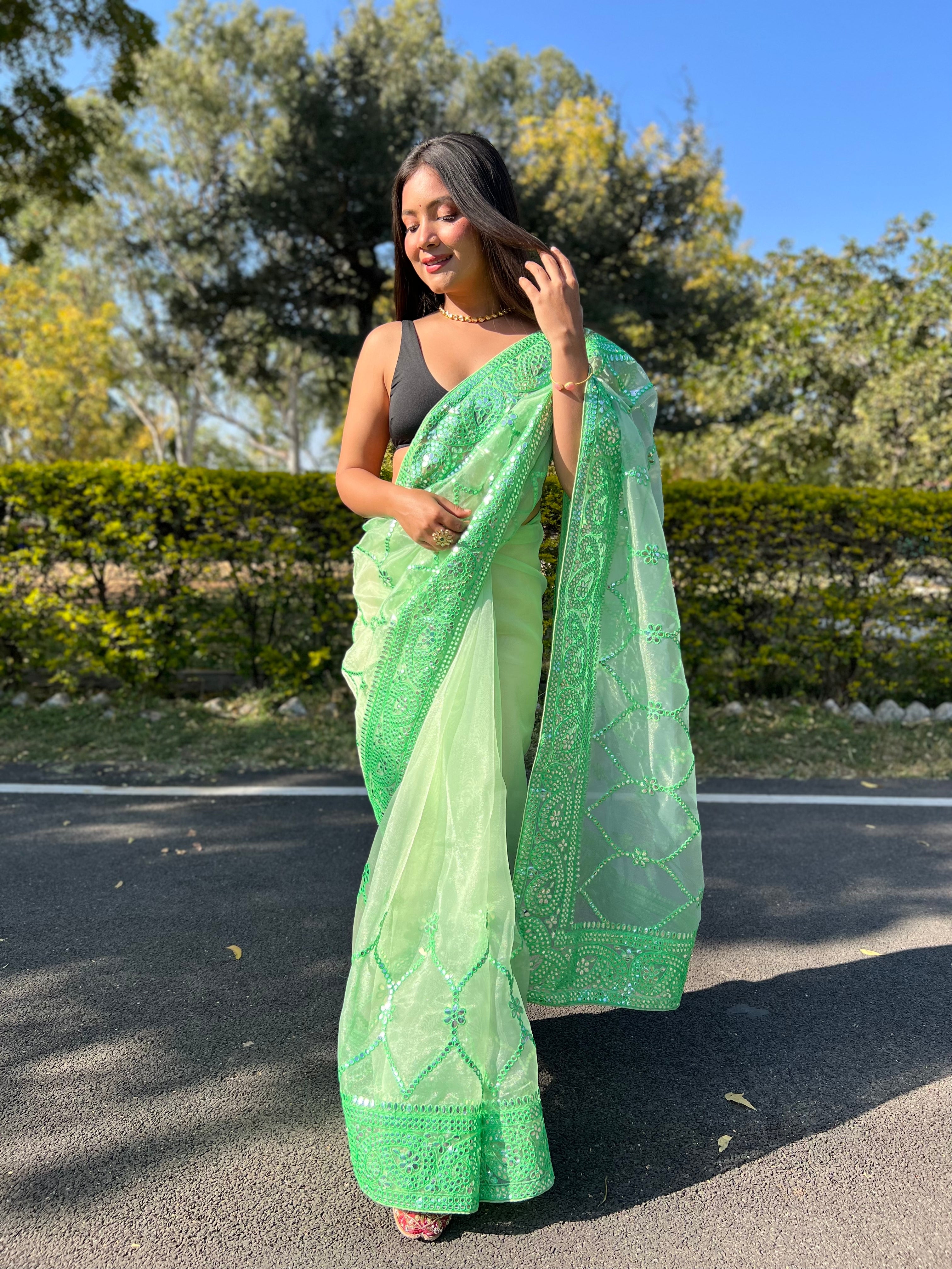 GREEN Organza Saree With Satin Benglori Blouse