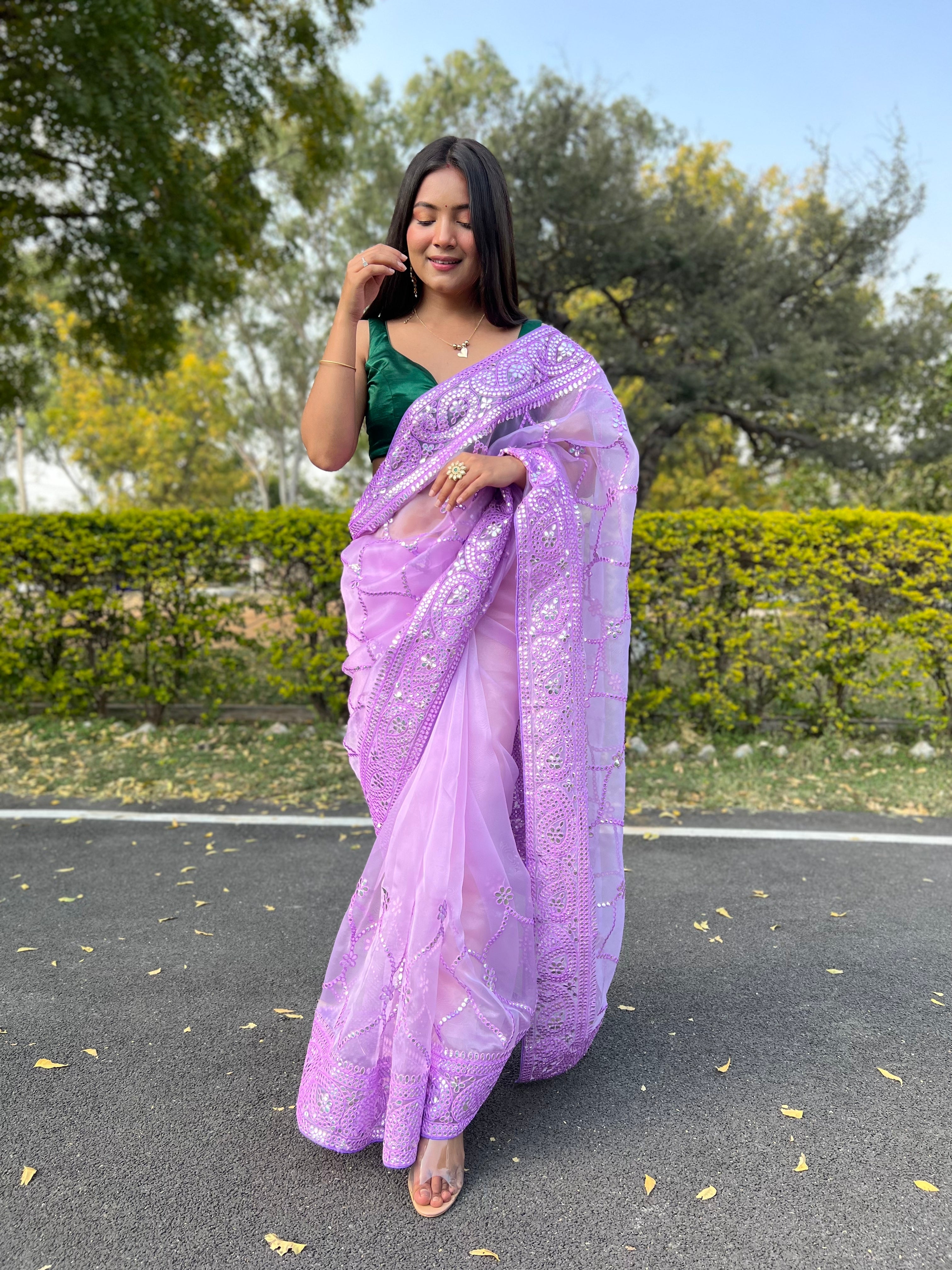 Purple Organza Saree With Satin Benglori Blouse