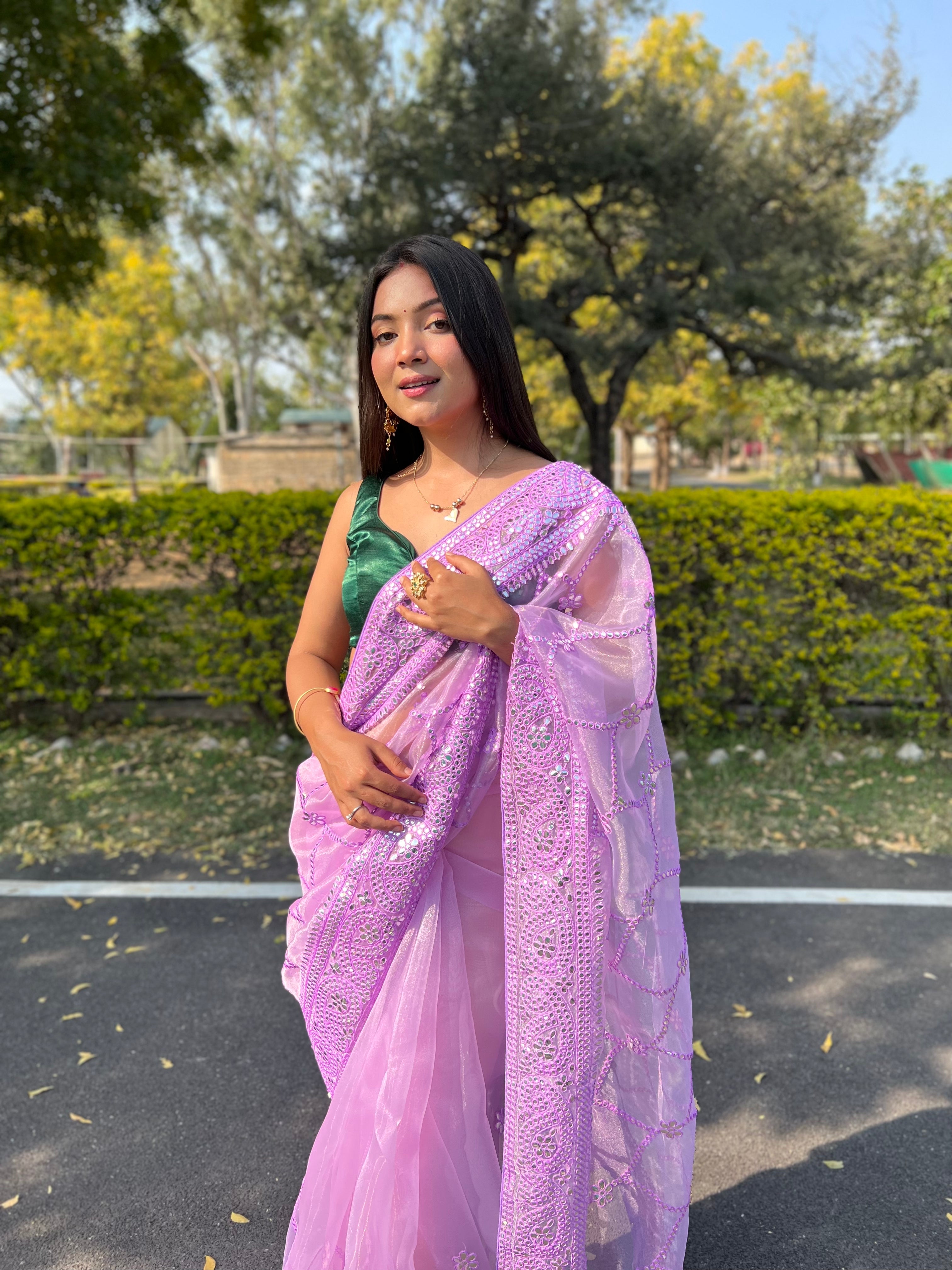 Purple Organza Saree With Satin Benglori Blouse