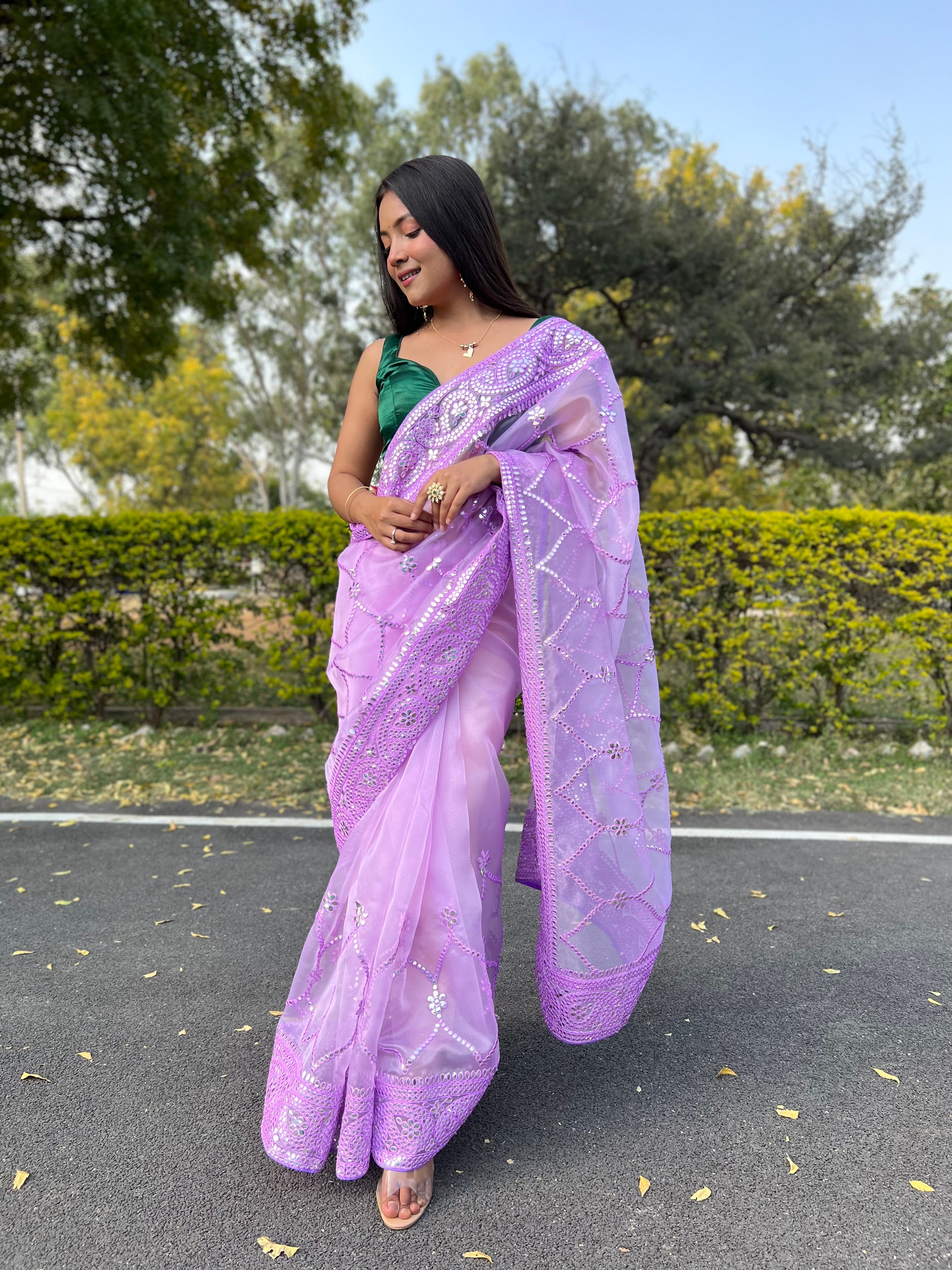 Purple Organza Saree With Satin Benglori Blouse