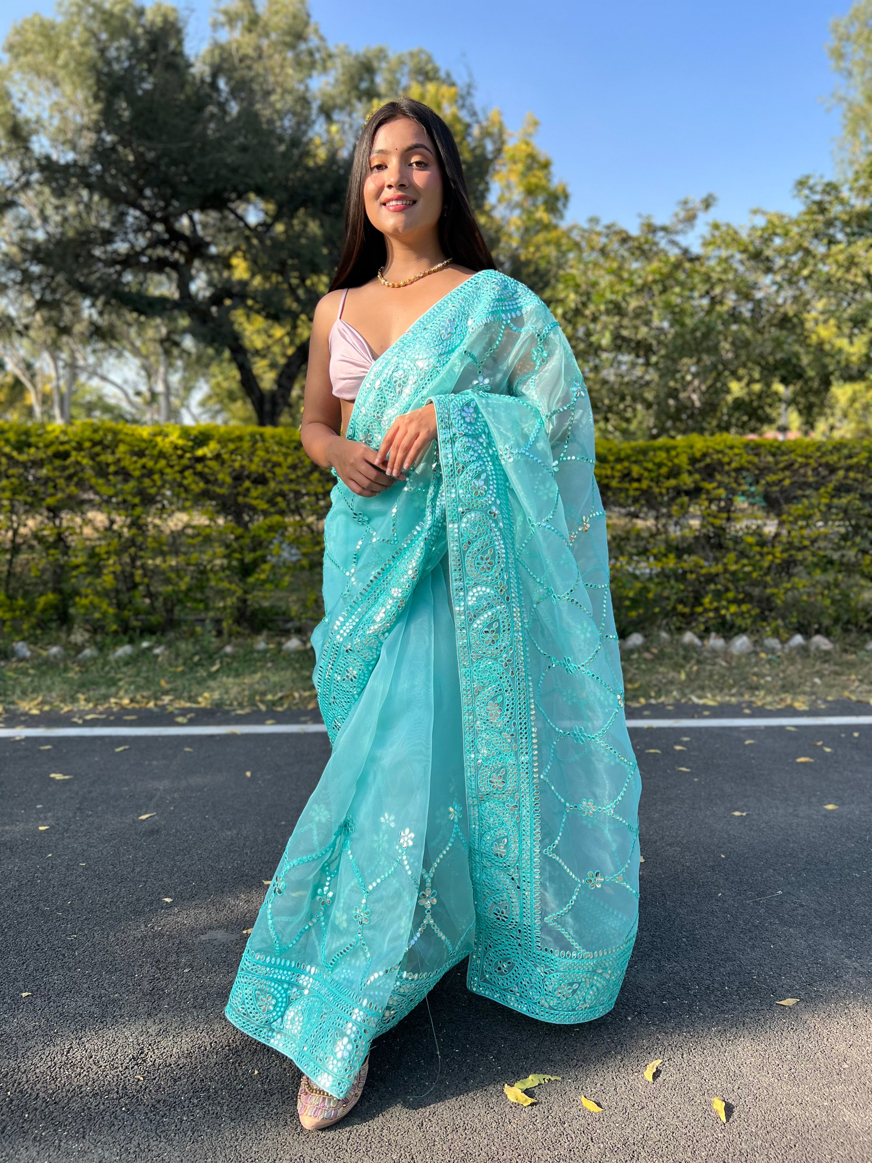 BLUE Organza Saree With Satin Benglori Blouse