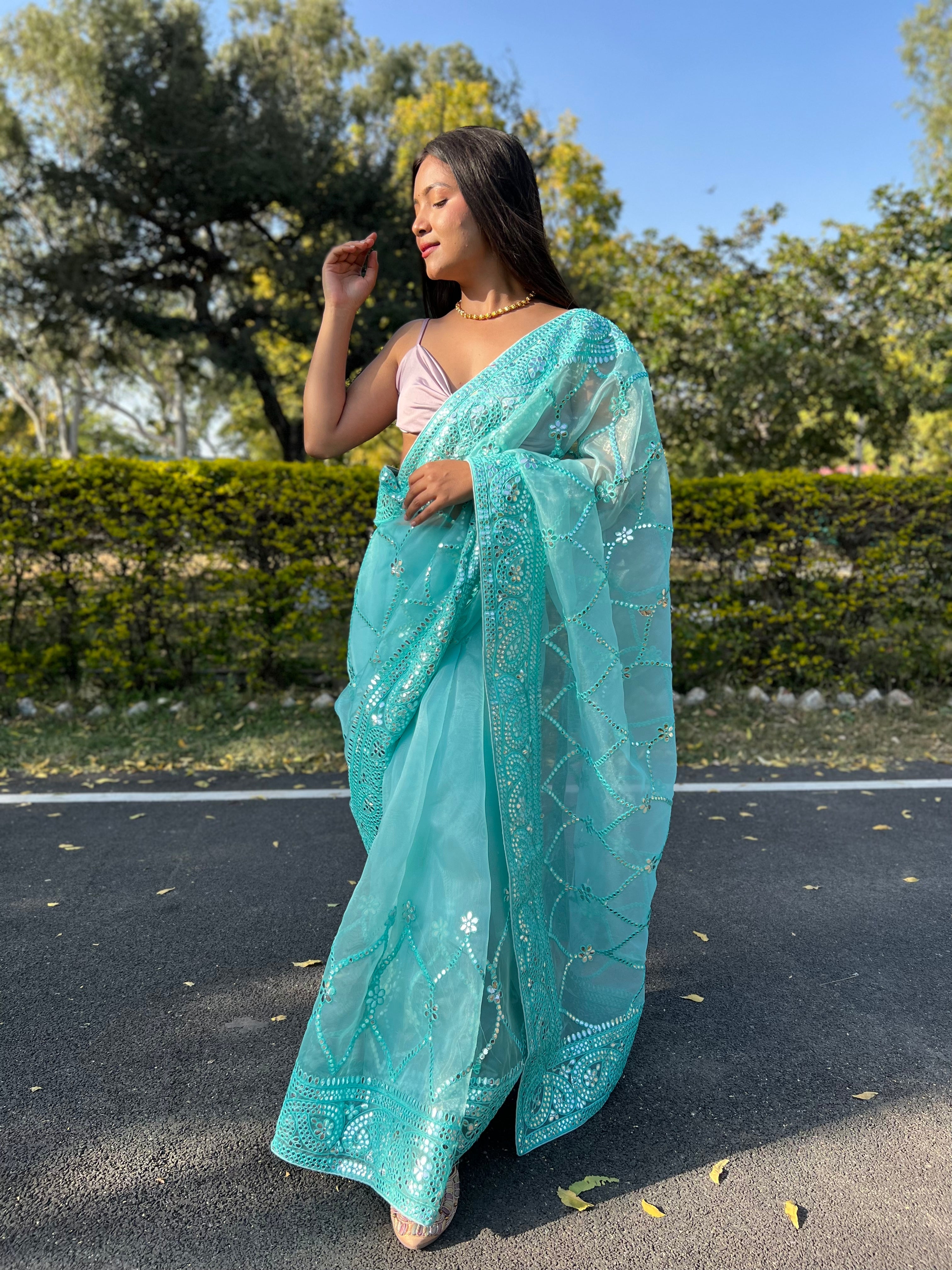 BLUE Organza Saree With Satin Benglori Blouse