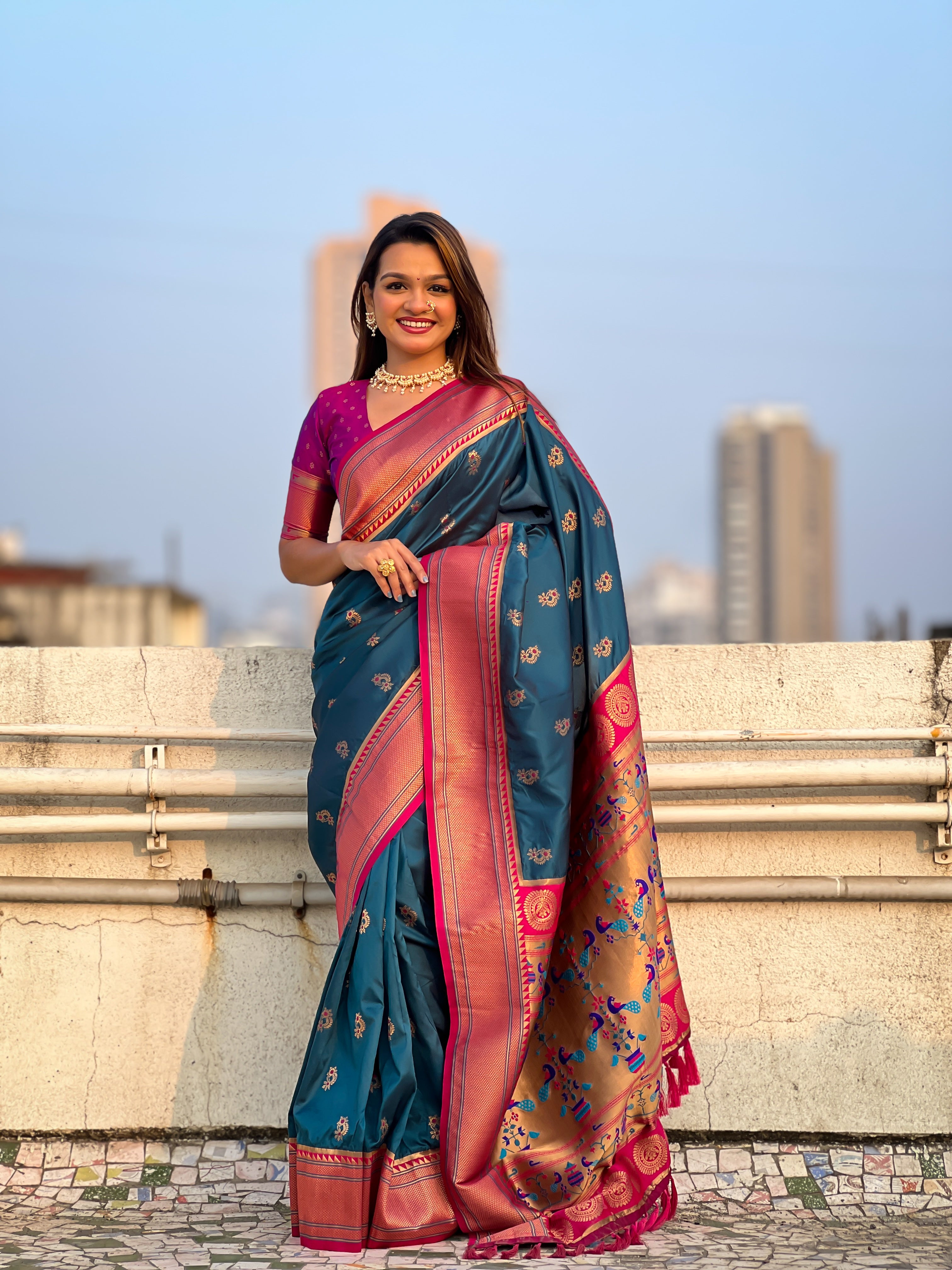 DENIM SOFT SILK WITH NATH MEENAKARI WEAVES SAREE