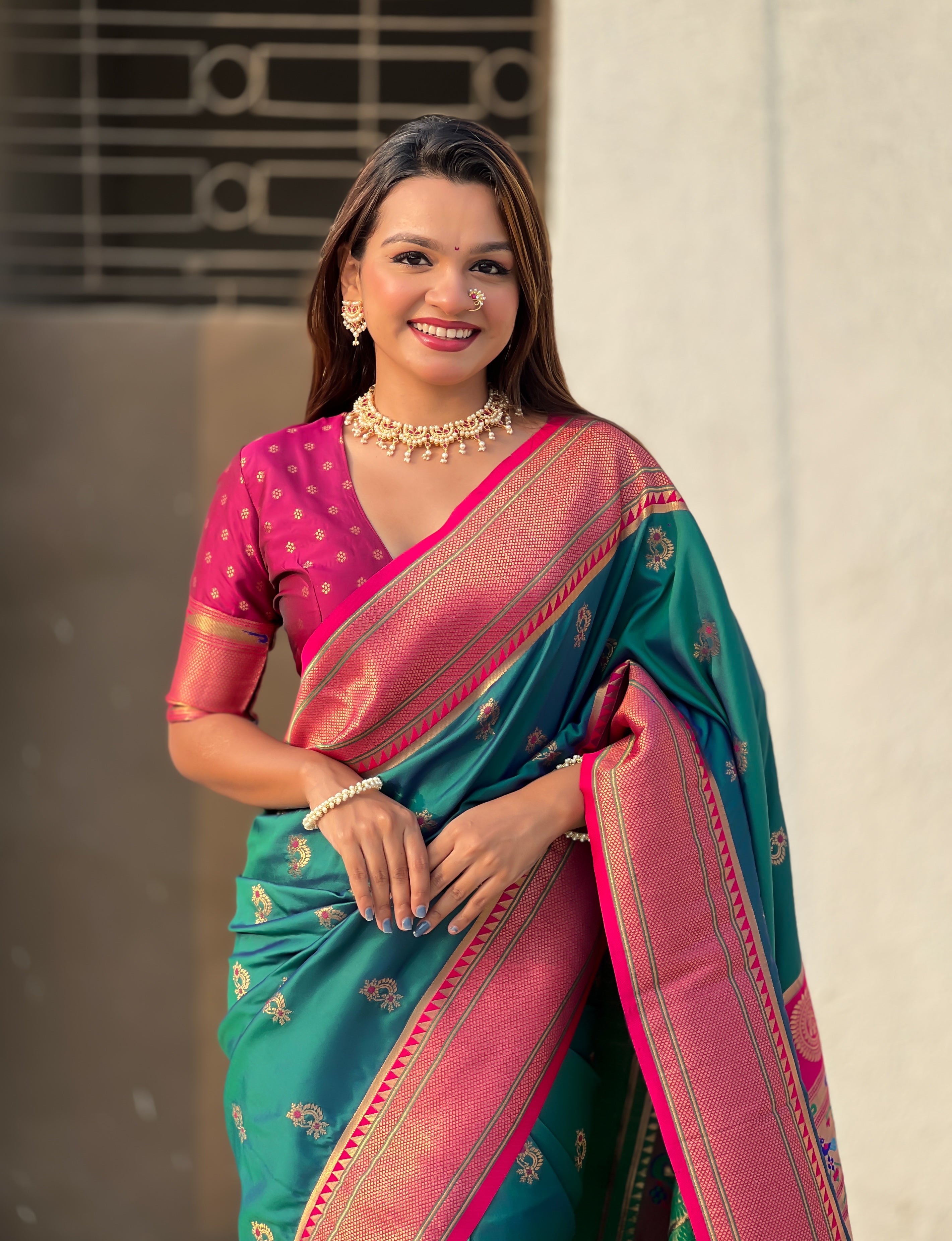 GREEN PINK SOFT SILK WITH NATH MEENAKARI WEAVES SAREE