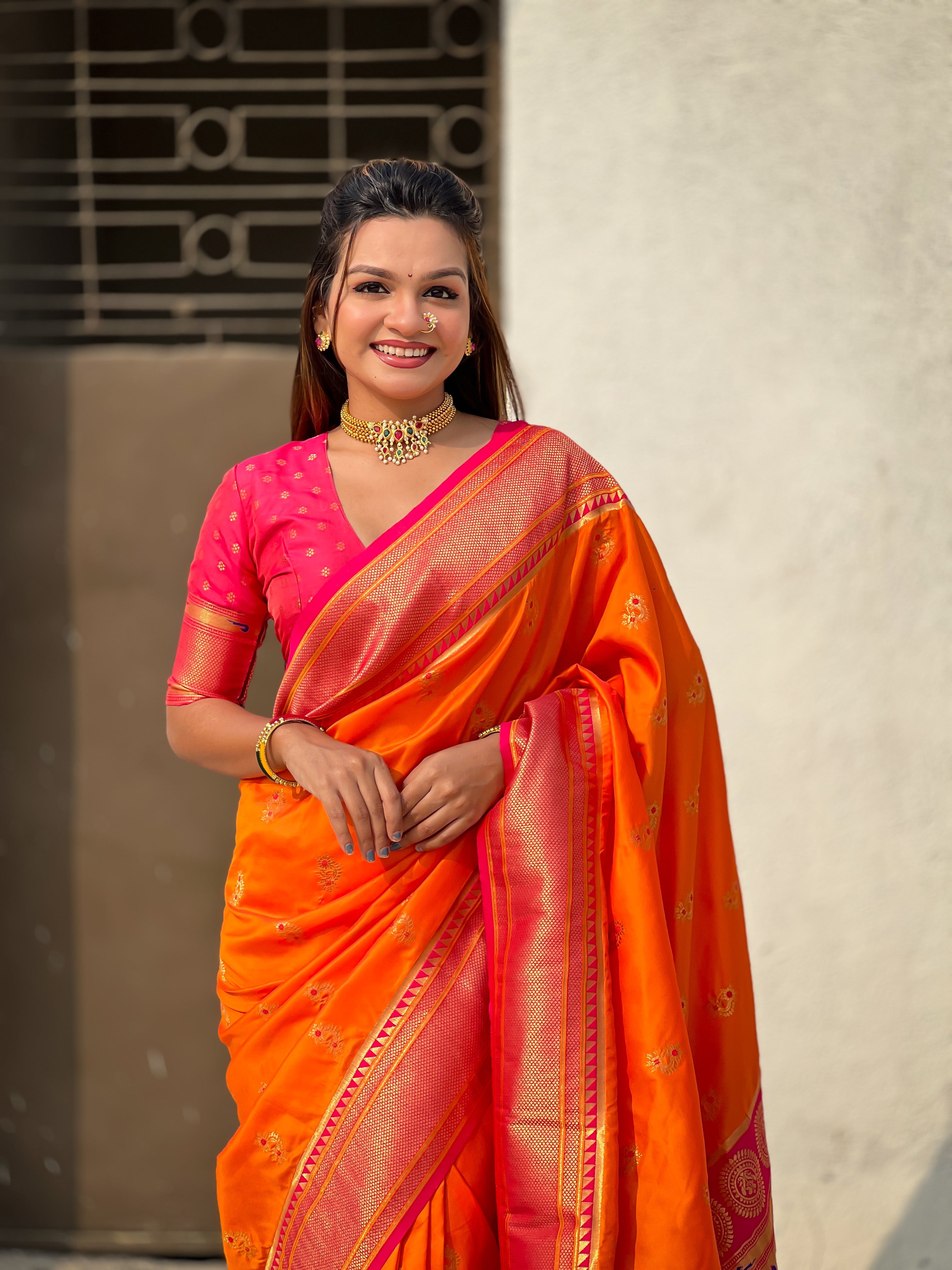 ORANGE SOFT SILK WITH NATH MEENAKARI WEAVES SAREE