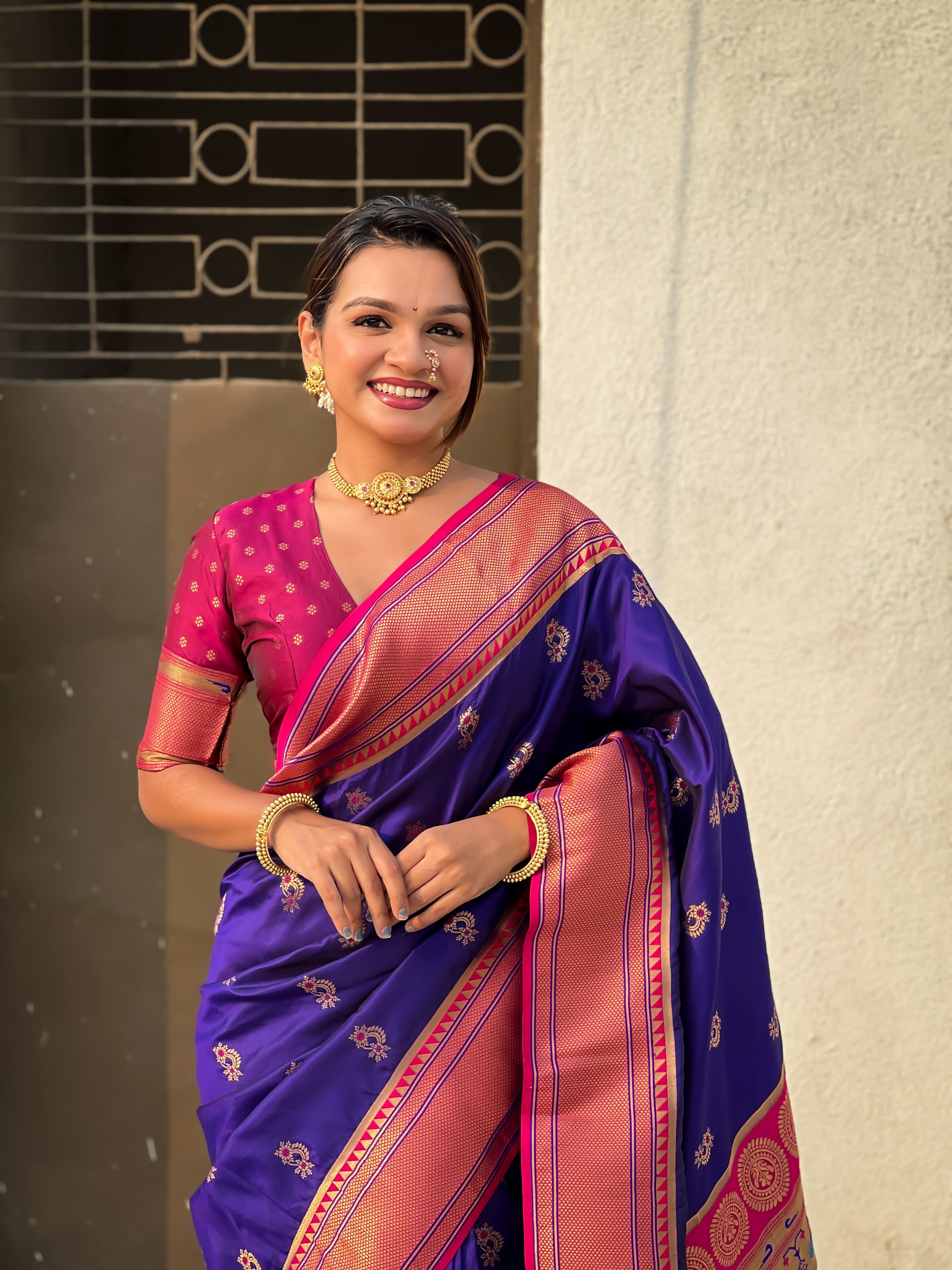 VIOLET SOFT SILK WITH NATH MEENAKARI WEAVES SAREE