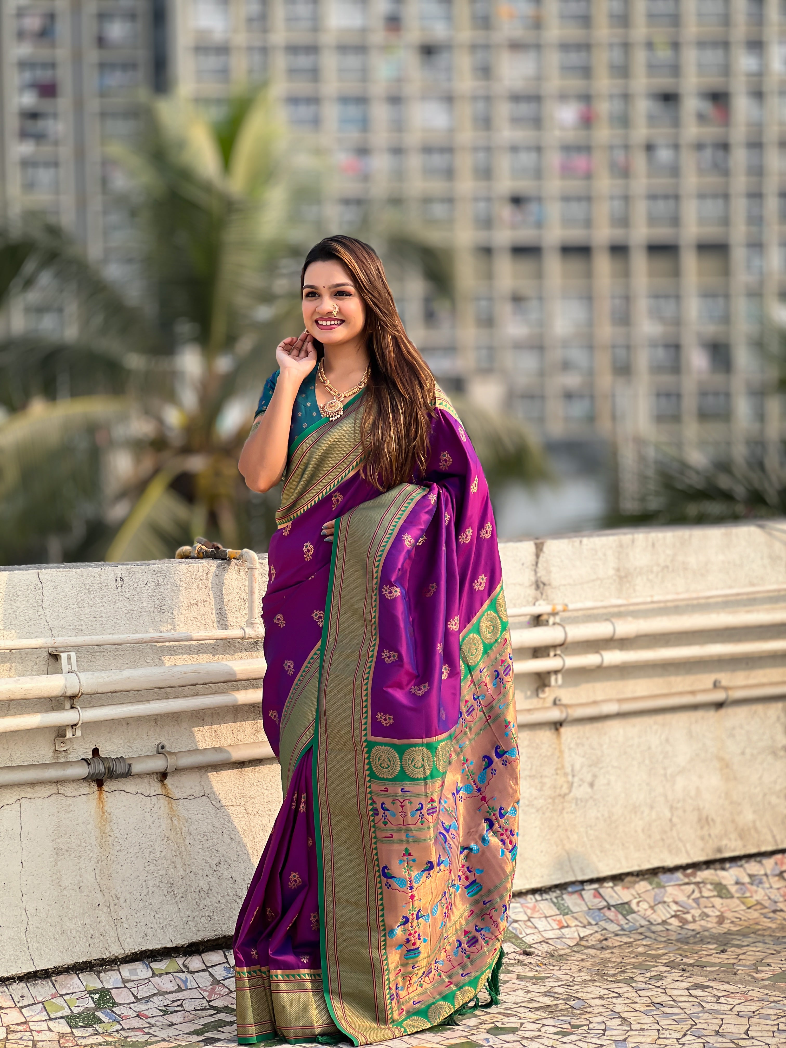 WINE SOFT SILK WITH NATH MEENAKARI WEAVES SAREE