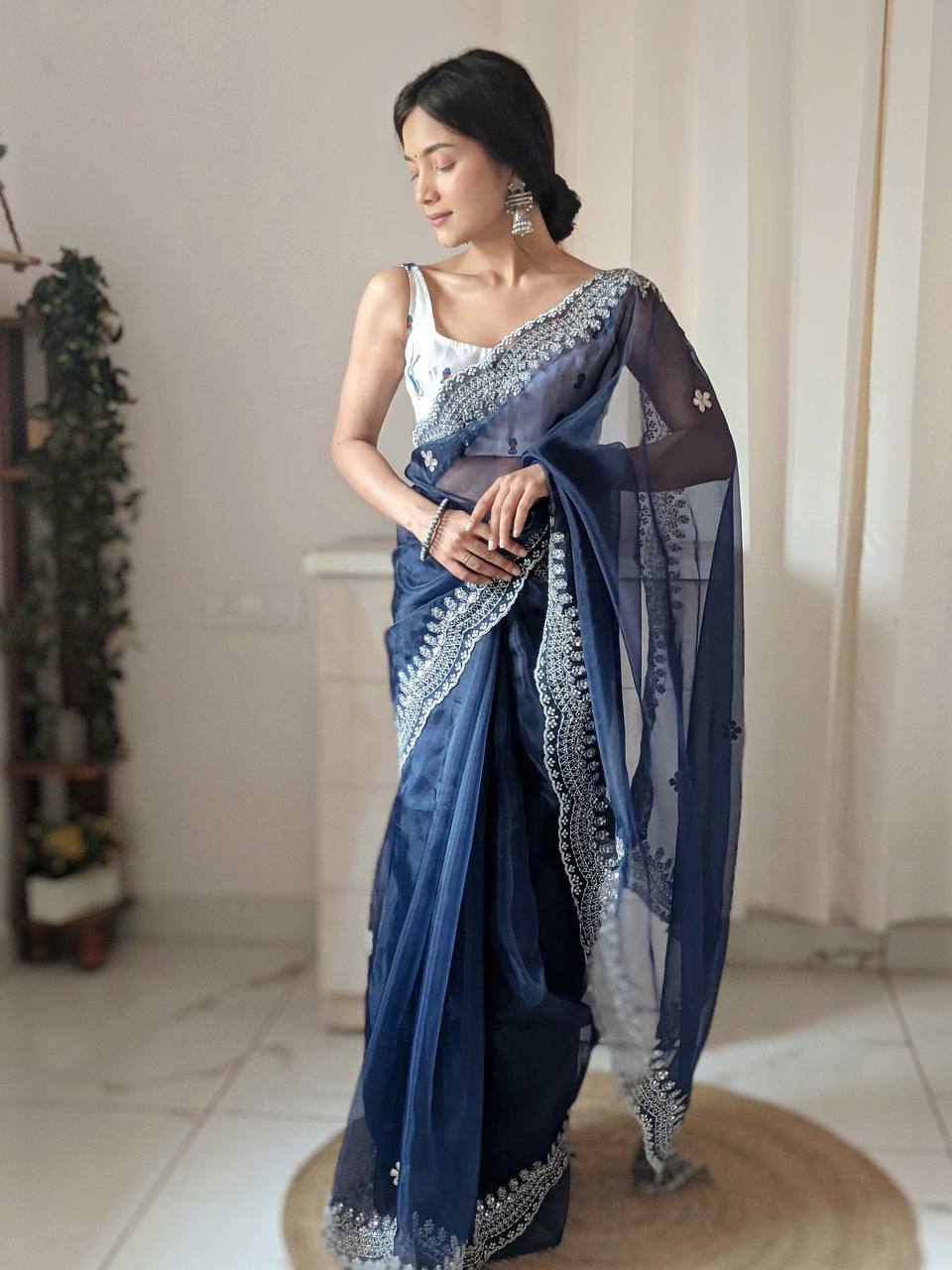 NAVY BLUE Organza Saree With weaving silk Blouse