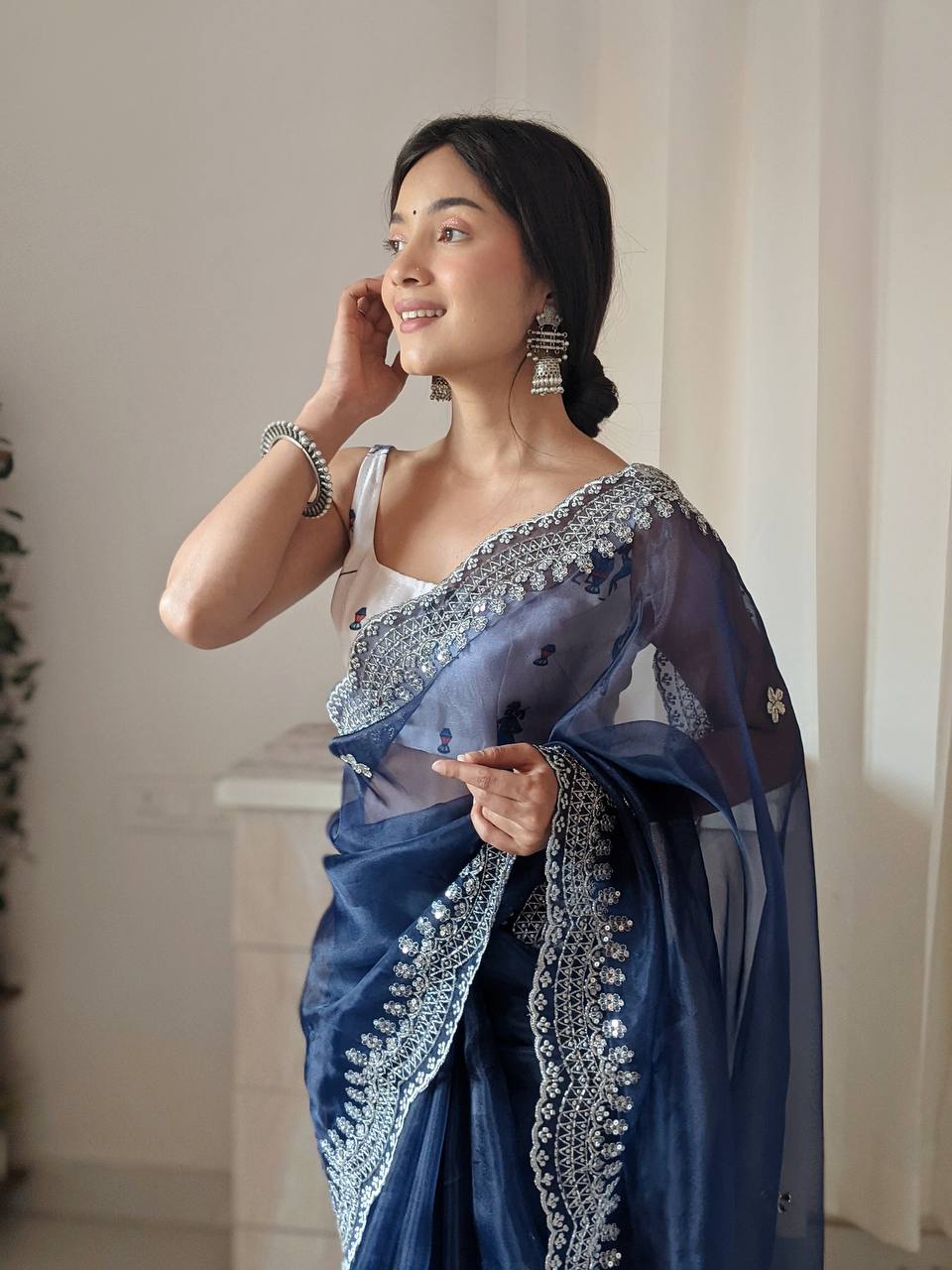 NAVY BLUE Organza Saree With weaving silk Blouse