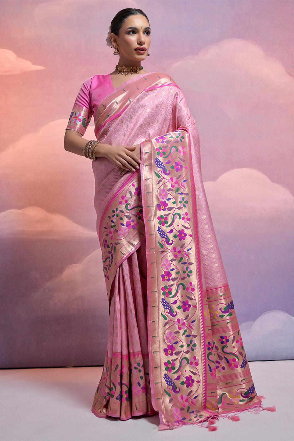 Pink Paithani Silk Blend Saree