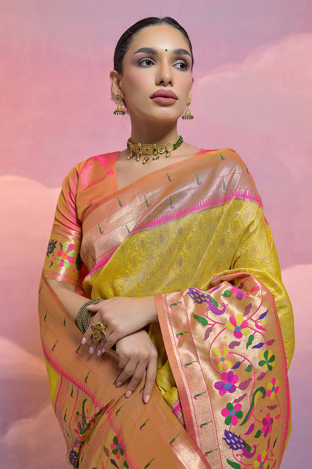 Yellow Paithani Silk Blend Saree