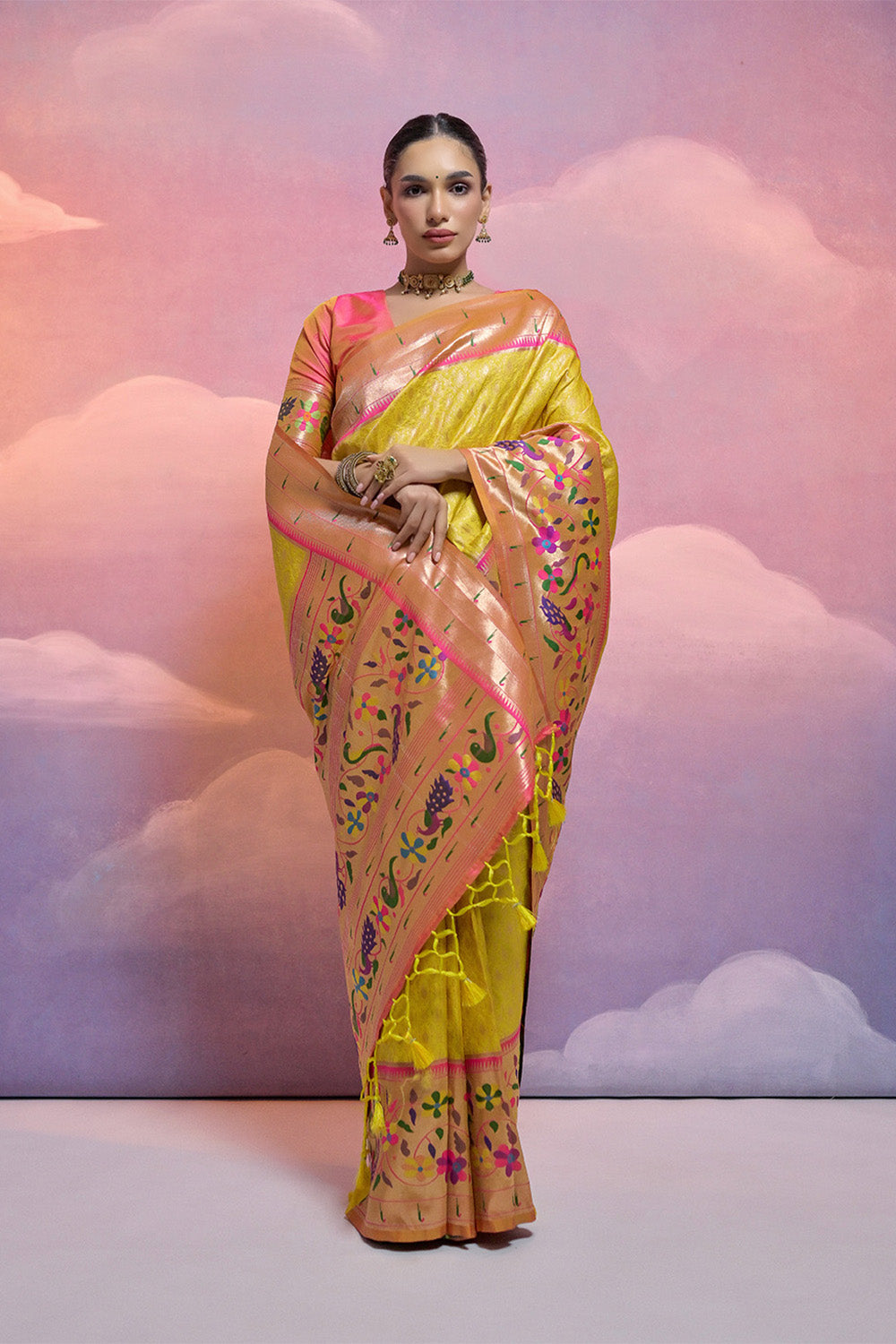 Yellow Paithani Silk Blend Saree