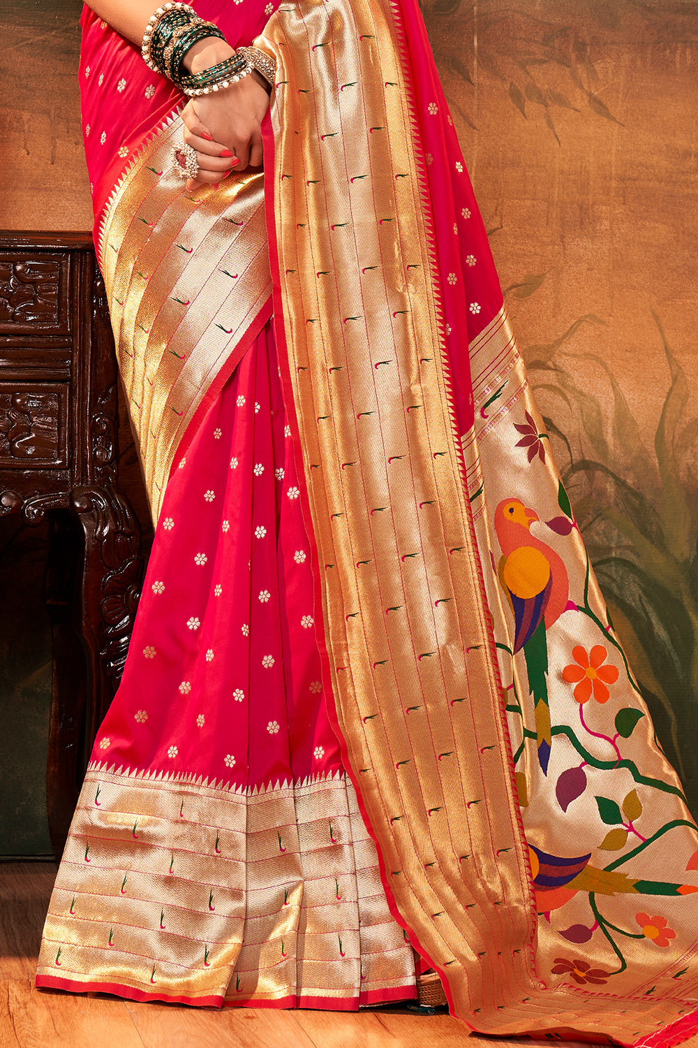 Red PURE PAITHANI SILK WITH ZARI WEAVING Saree