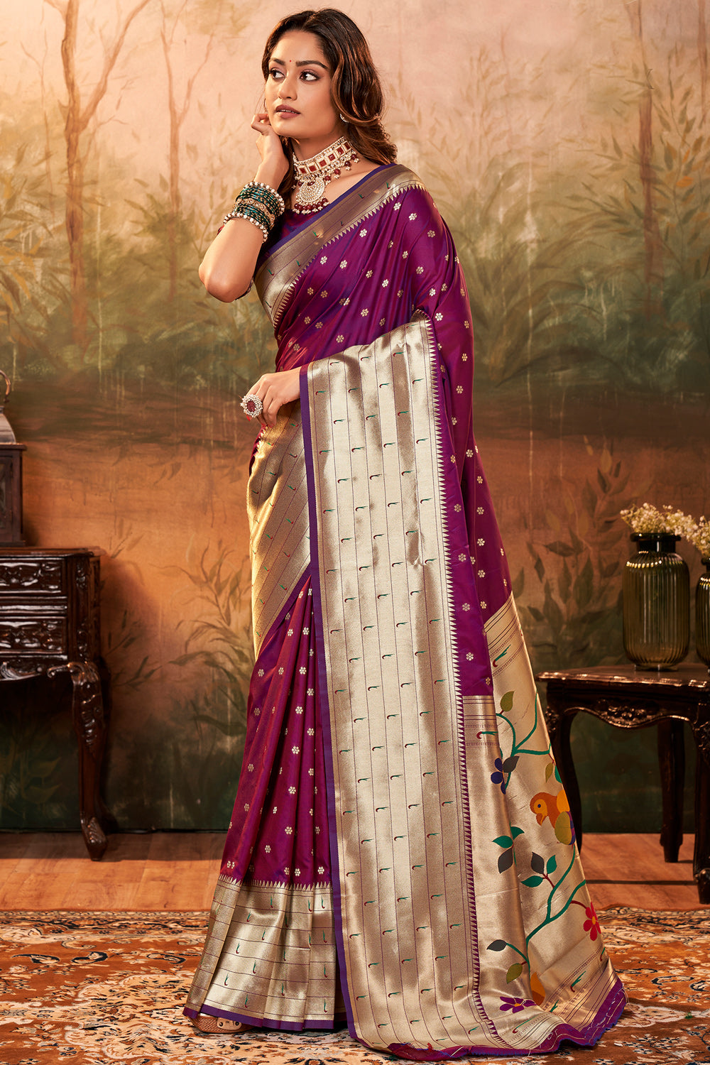 Purple PURE PAITHANI SILK WITH ZARI WEAVING Saree