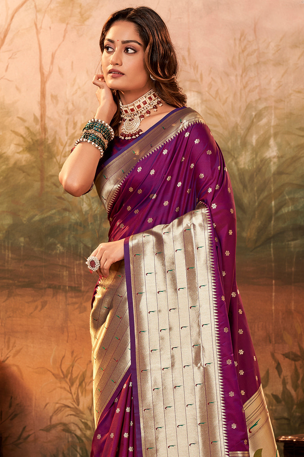 Purple PURE PAITHANI SILK WITH ZARI WEAVING Saree