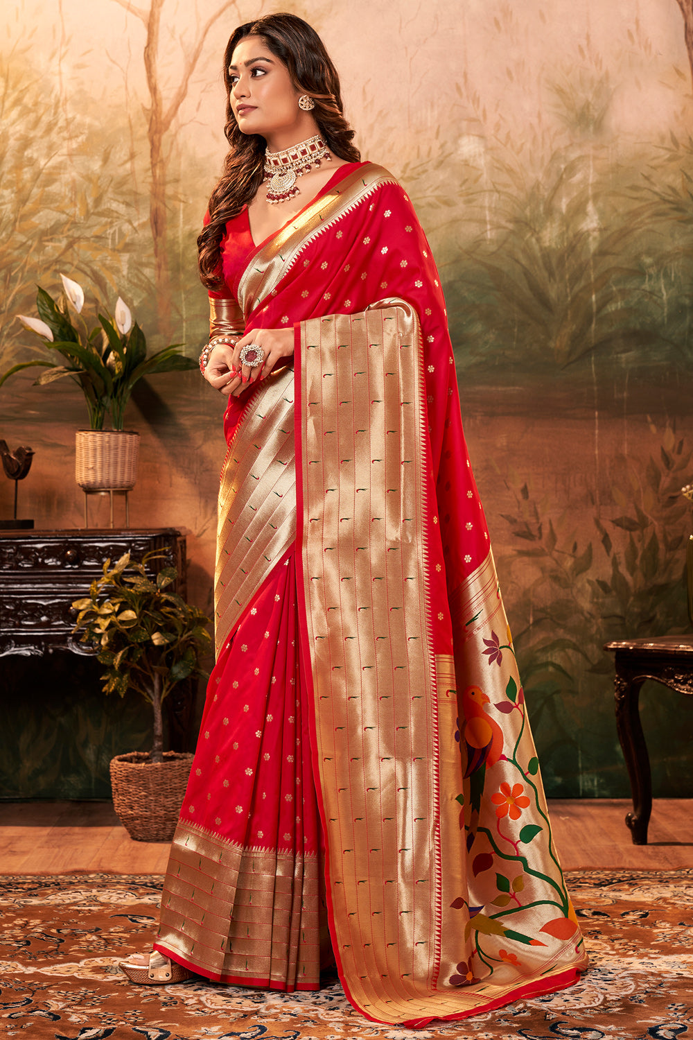 Red PURE PAITHANI SILK WITH ZARI WEAVING Saree