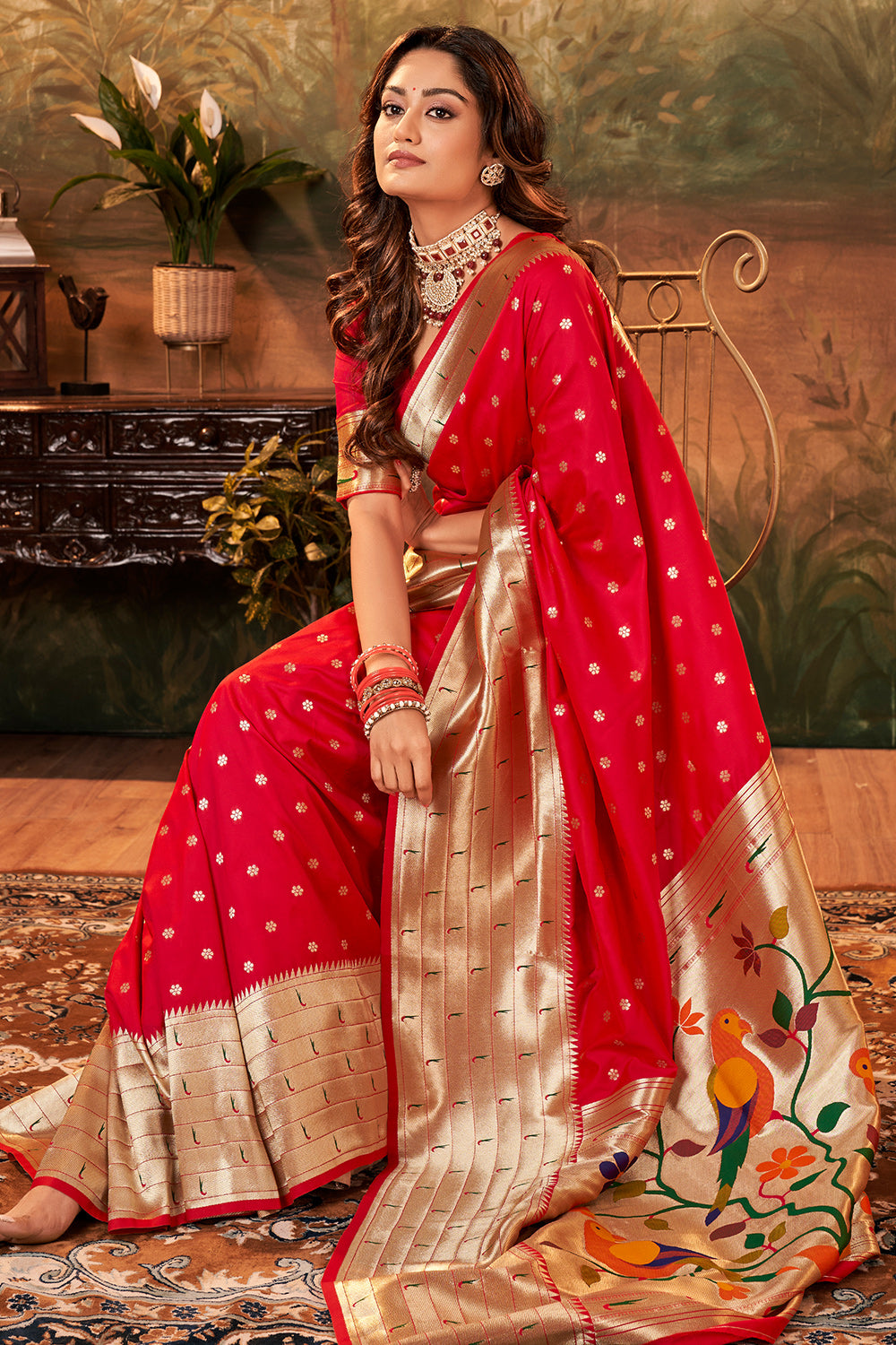 Red PURE PAITHANI SILK WITH ZARI WEAVING Saree